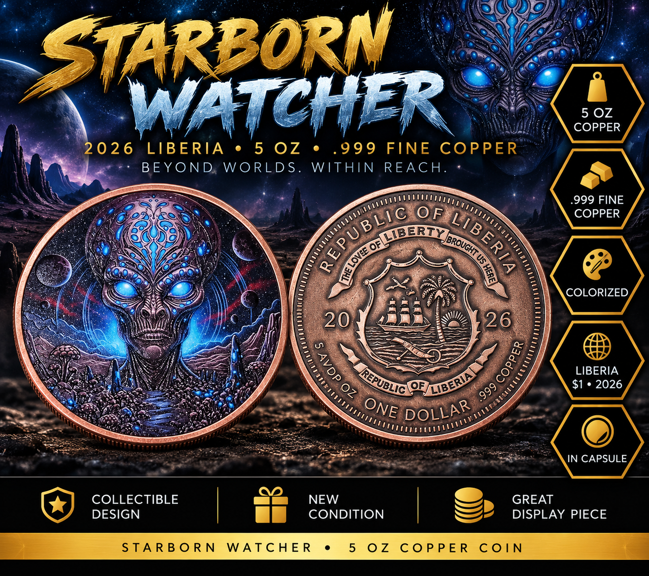 2026 Liberia Starborn Watcher 5 oz Copper Coin Colorized New