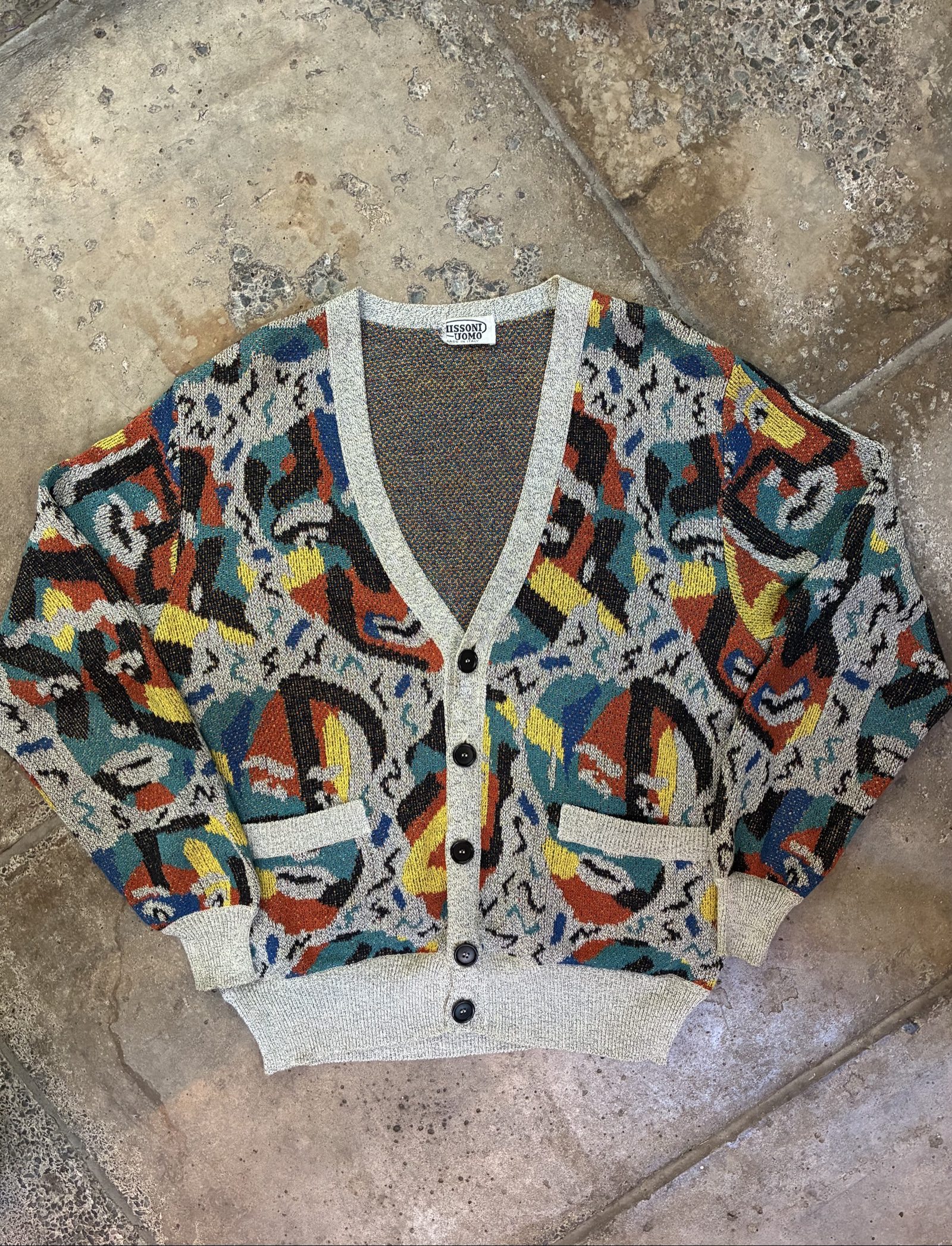 Vintage Missoni Uomo Multi Colour Abstract Picasso Knitted Cardigan 80s Medium