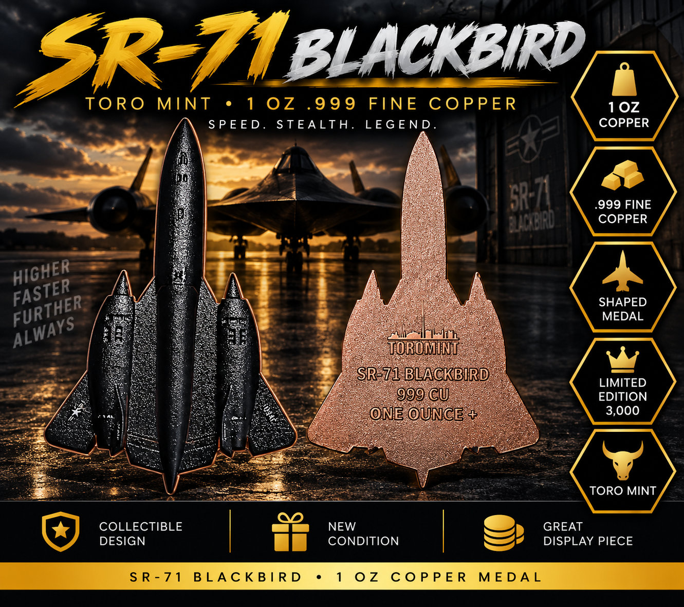 Toro Mint SR-71 Blackbird 1 oz .999 Fine Copper Medal Collectible