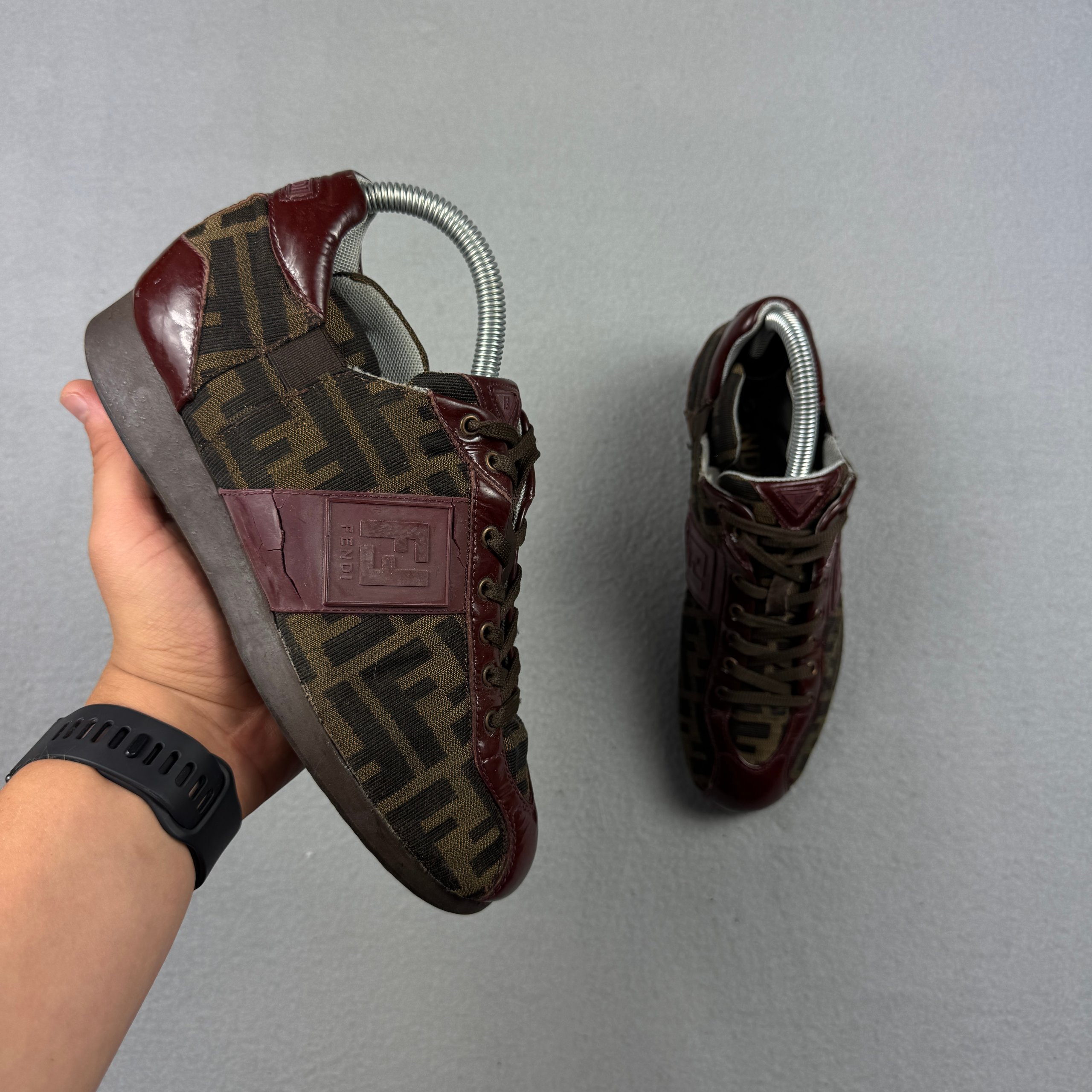 Vintage Women`s Fendi Brown & Burgundy FF Logo Monogram Sneakers Size 36 / 22.5cm