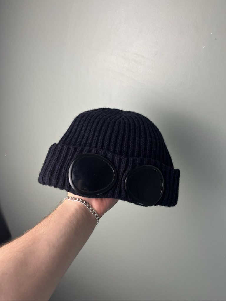 C.P. Company Black Rib Knit Beanie Hat with Goggle Detail One Size