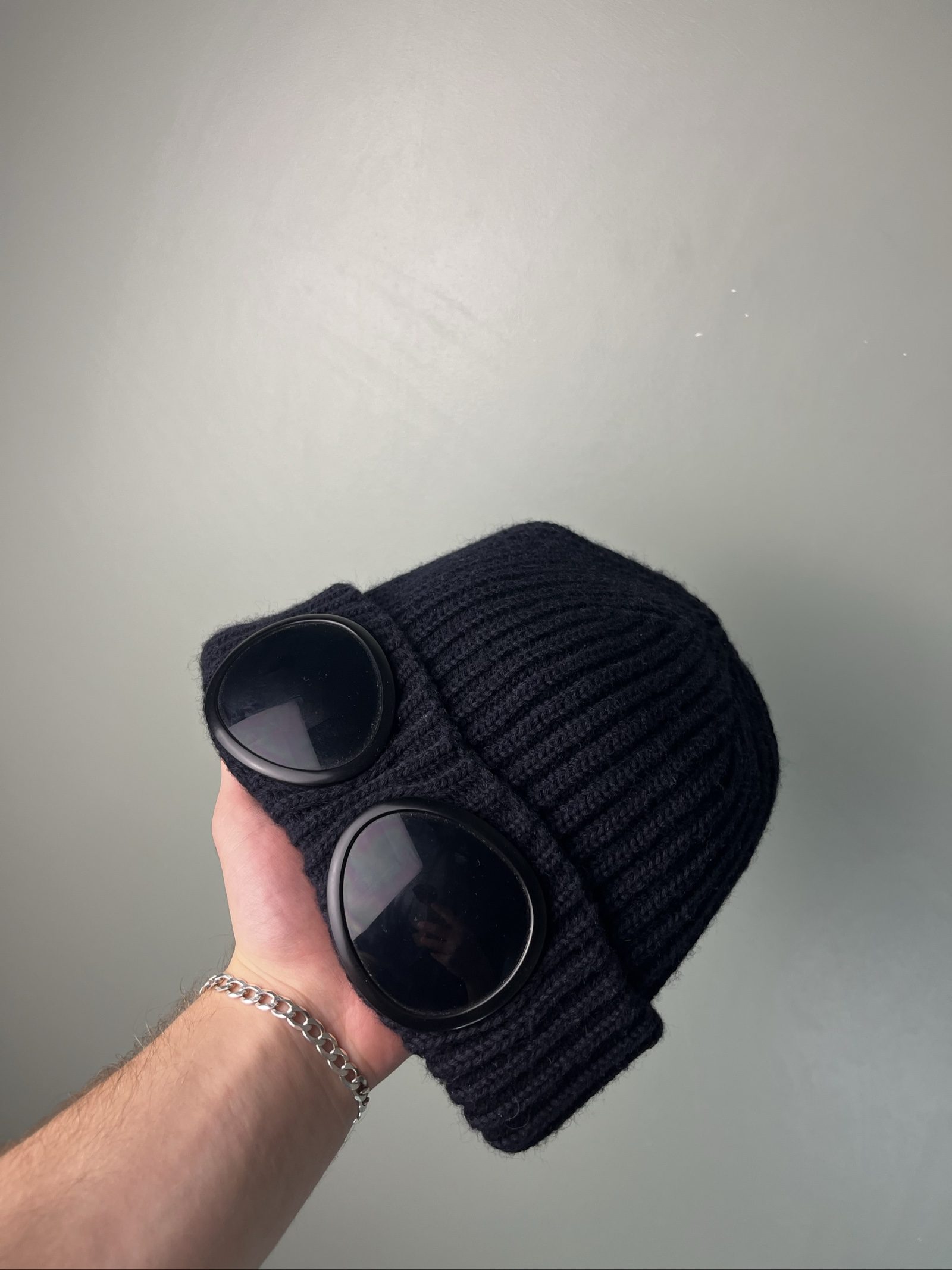 C.P. Company Black Rib Knit Beanie Hat with Goggle Detail One Size image 2