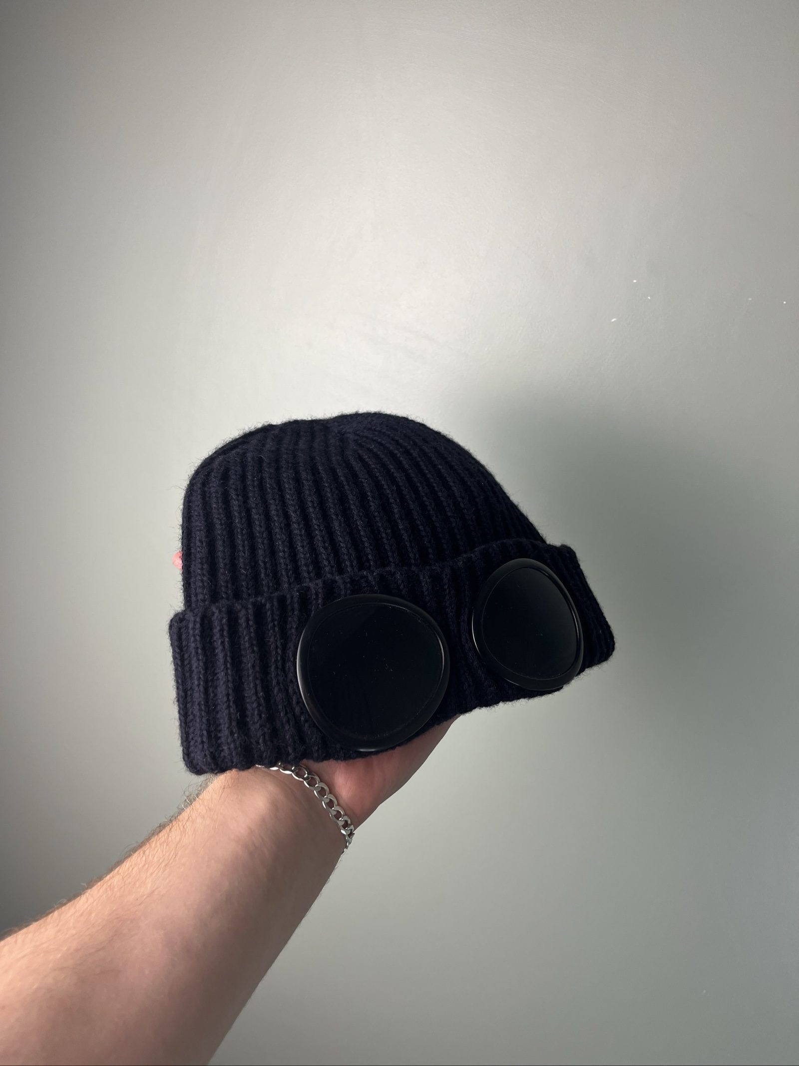 C.P. Company Black Rib Knit Beanie Hat with Goggle Detail One Size image 7