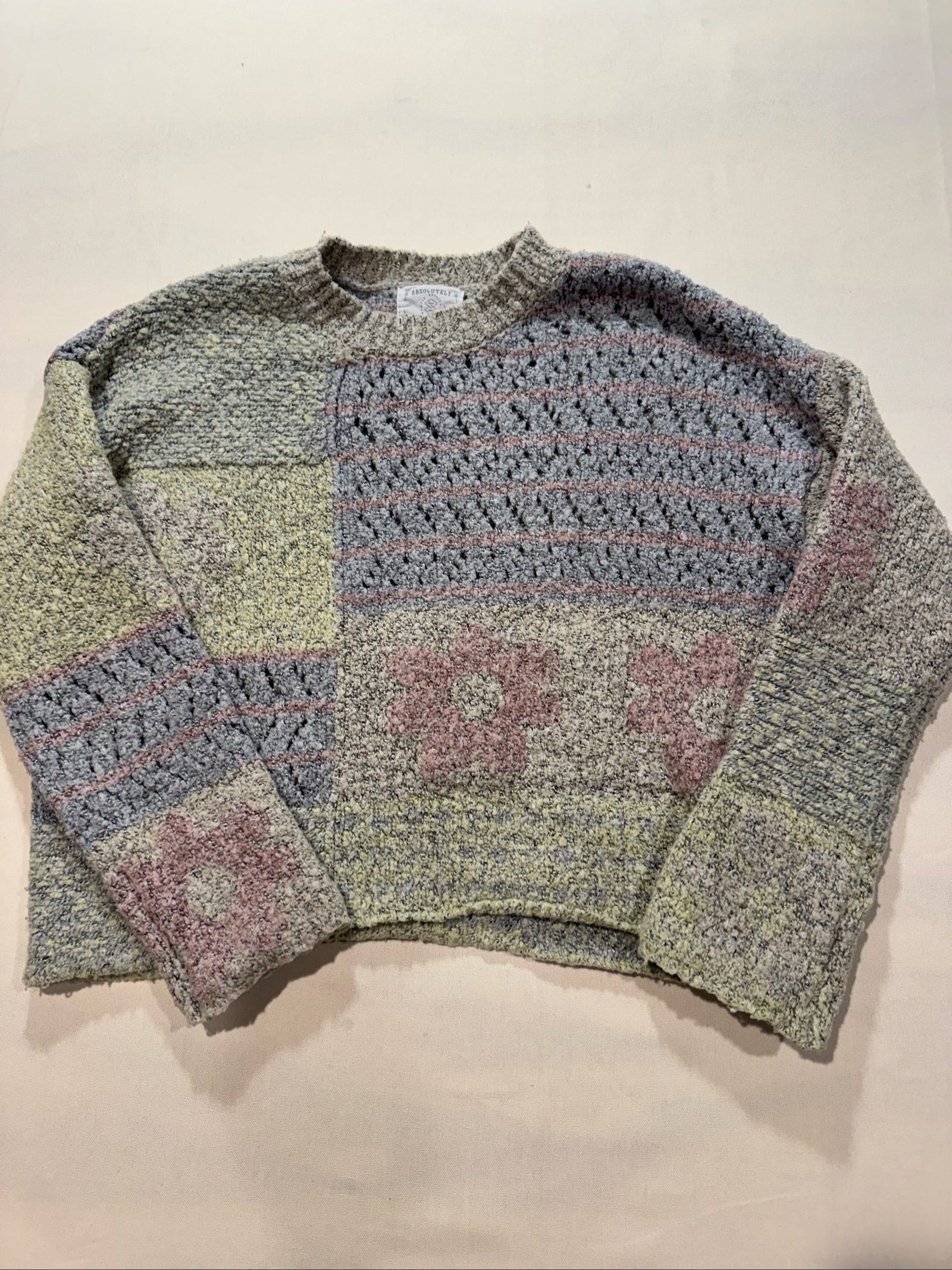 Women’s Absolutely USA Patchwork Textured Knit Sweater - Gray/Sage/Pink - XS
