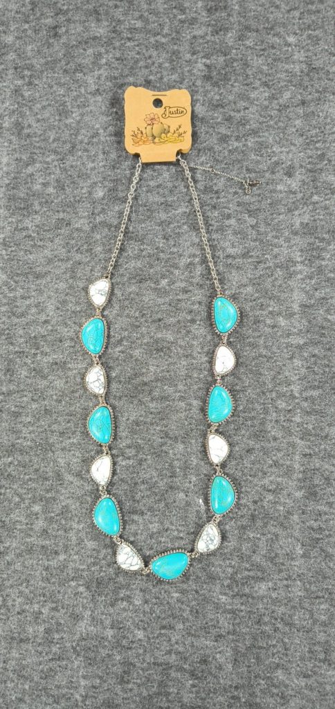 Justin Blue & White Stone Necklace Silver Tone Adjustable