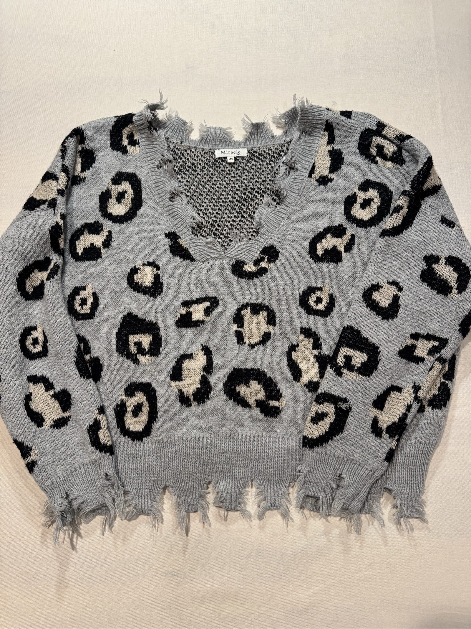 Women’s Miracle USA Distressed Leopard Print Sweater - Gray/Black - Size M/L