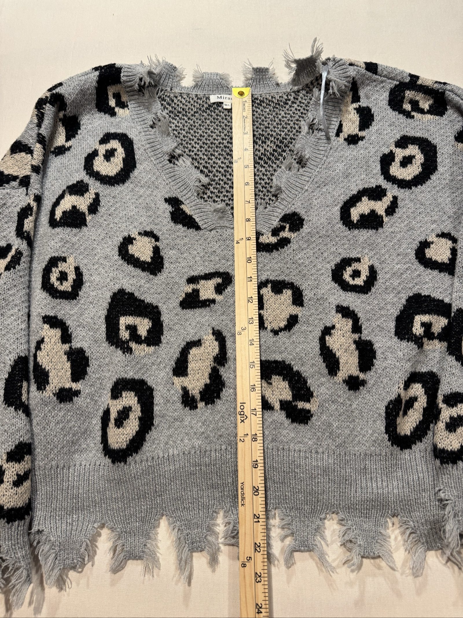 Women’s Miracle USA Distressed Leopard Print Sweater - Gray/Black - Size M/L image 4