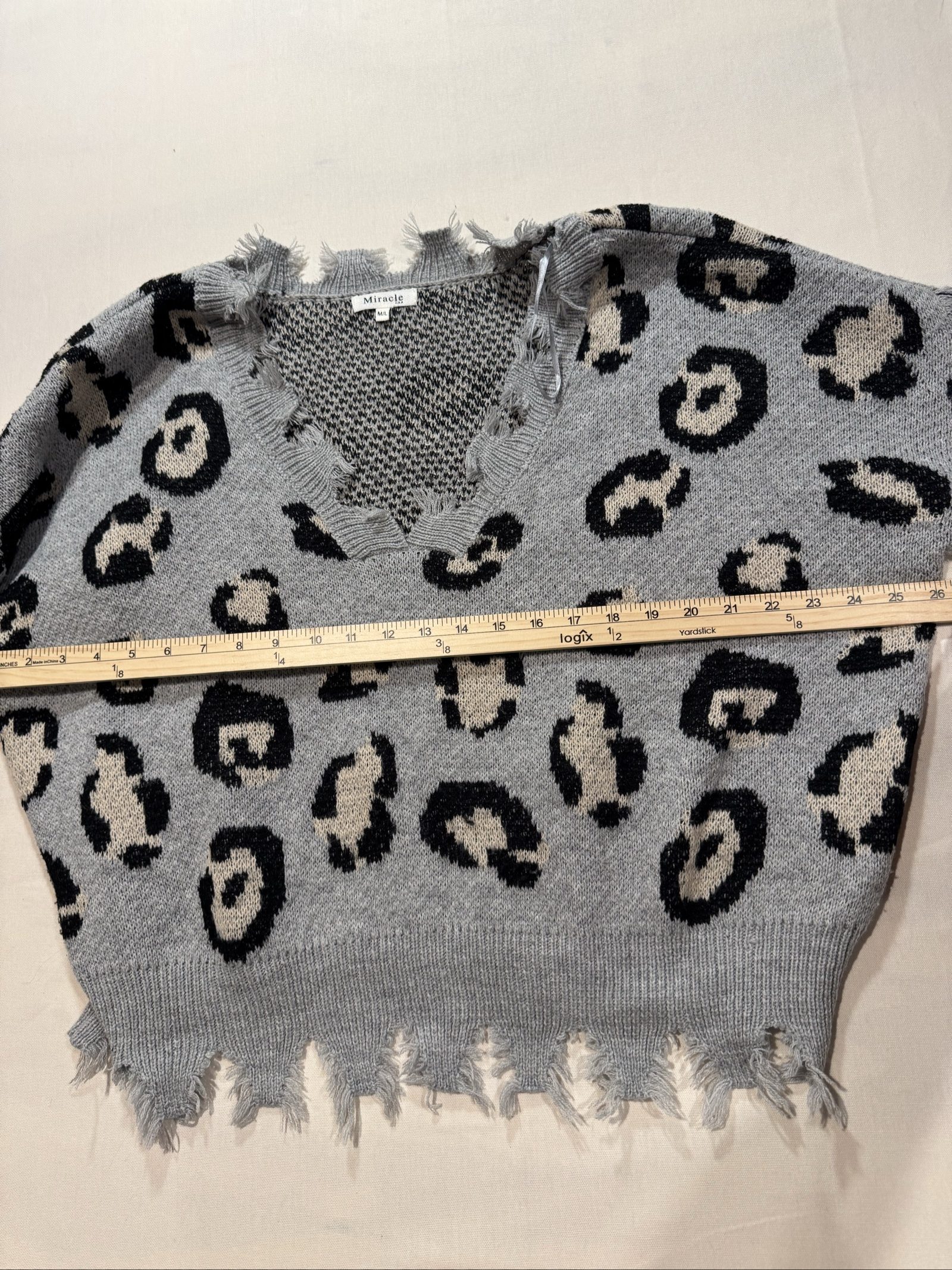 Women’s Miracle USA Distressed Leopard Print Sweater - Gray/Black - Size M/L image 5