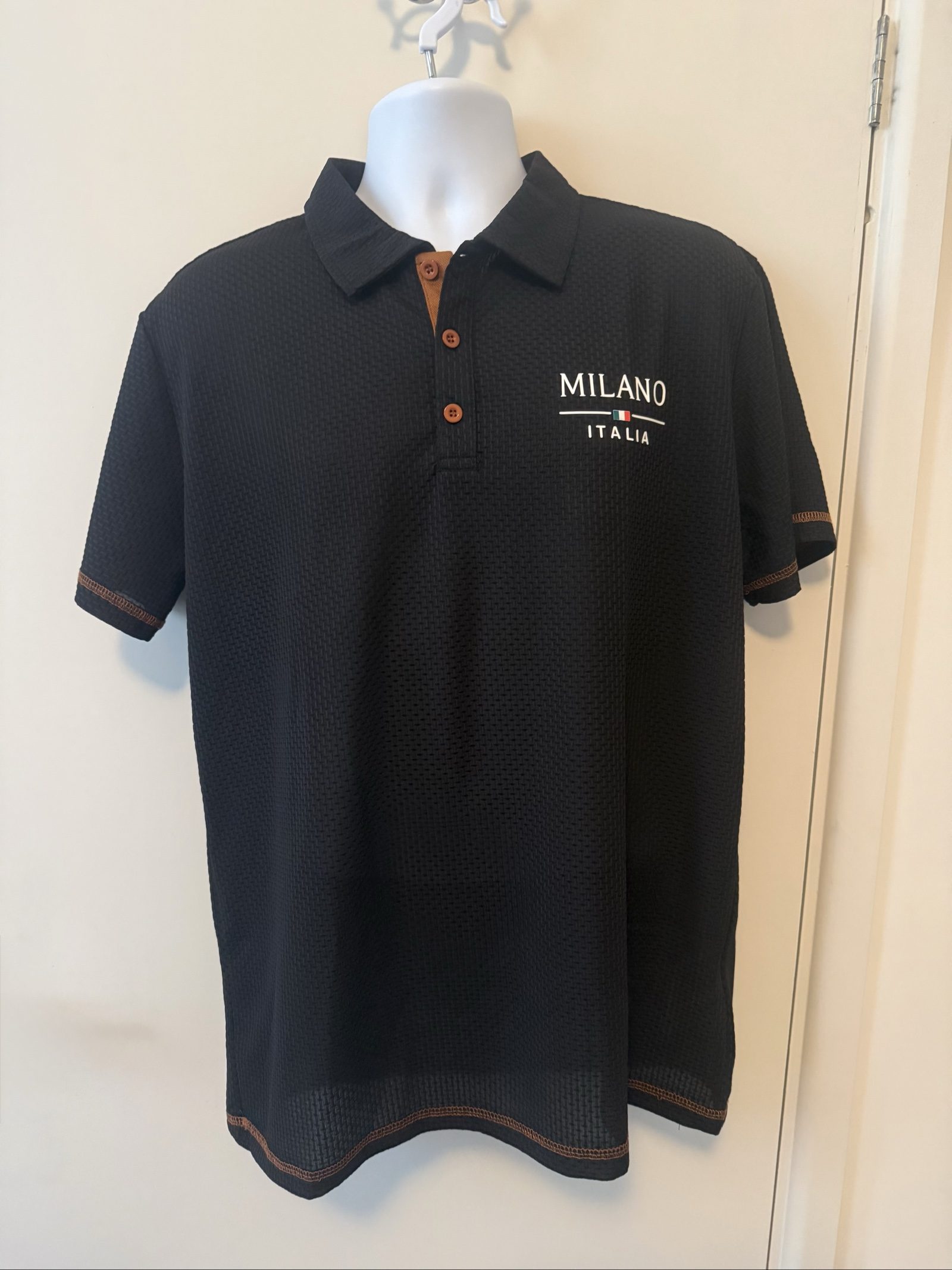 Milano Black & Orange Polo Shirt XL Waffle Knit Buttons image 5