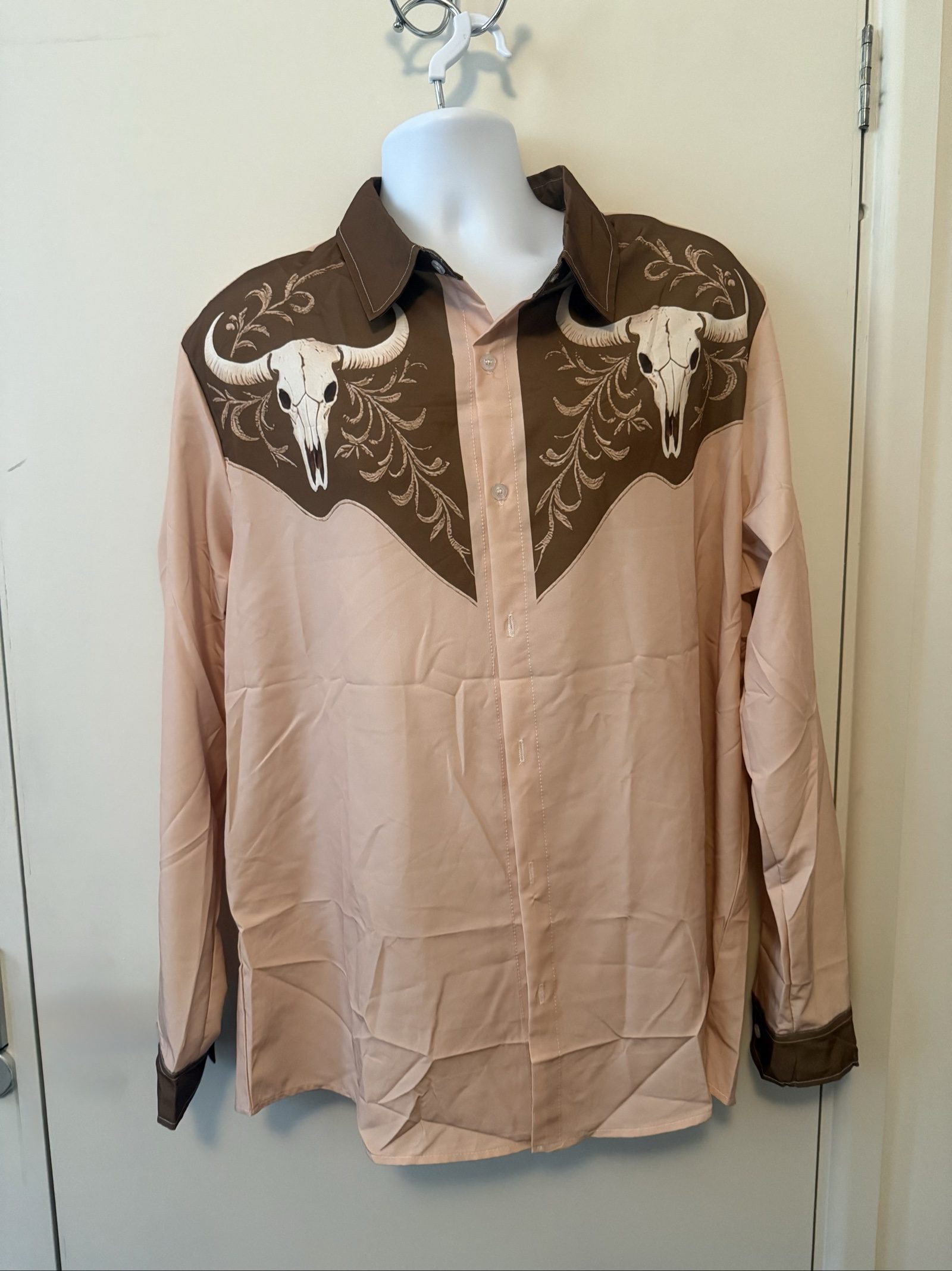 Western Style Brown & Beige Skull Embroidery Shirt XL 100% Polyester