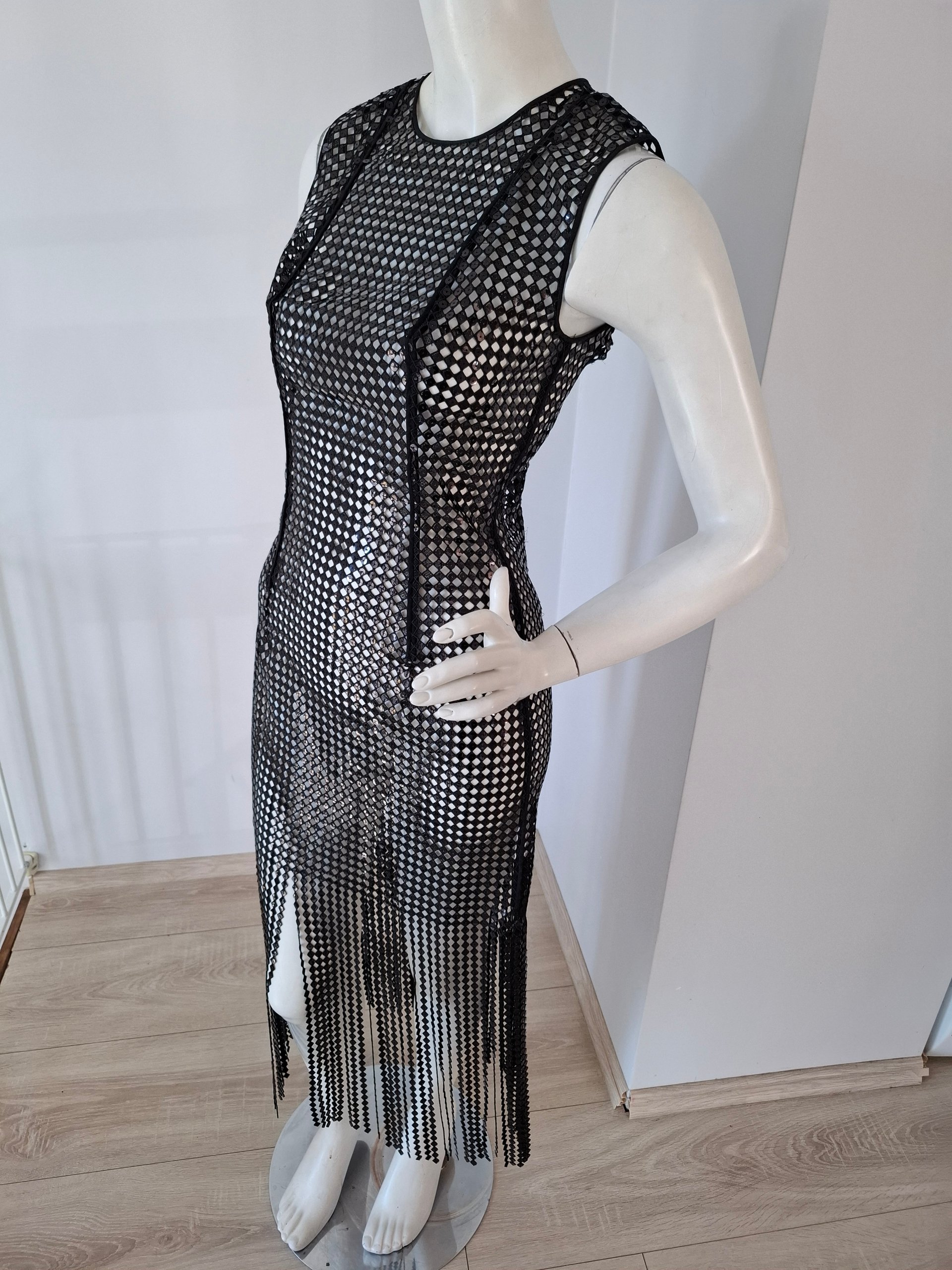 New Christopher Esber Sequin Mesh Fringe Midi Dress Size S image 4
