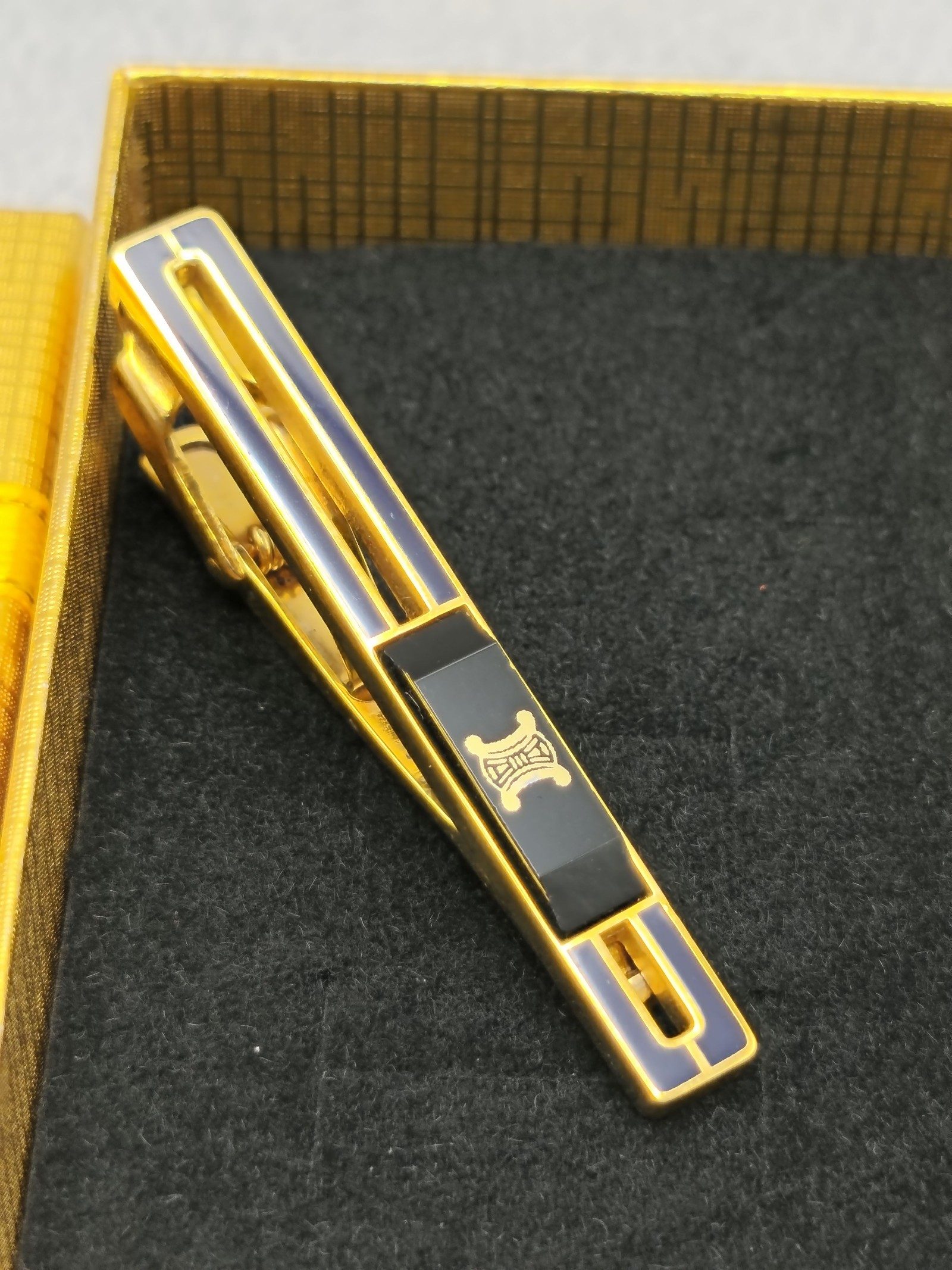 Celine Black & Gold Tie Clip with Signature Logo image 2