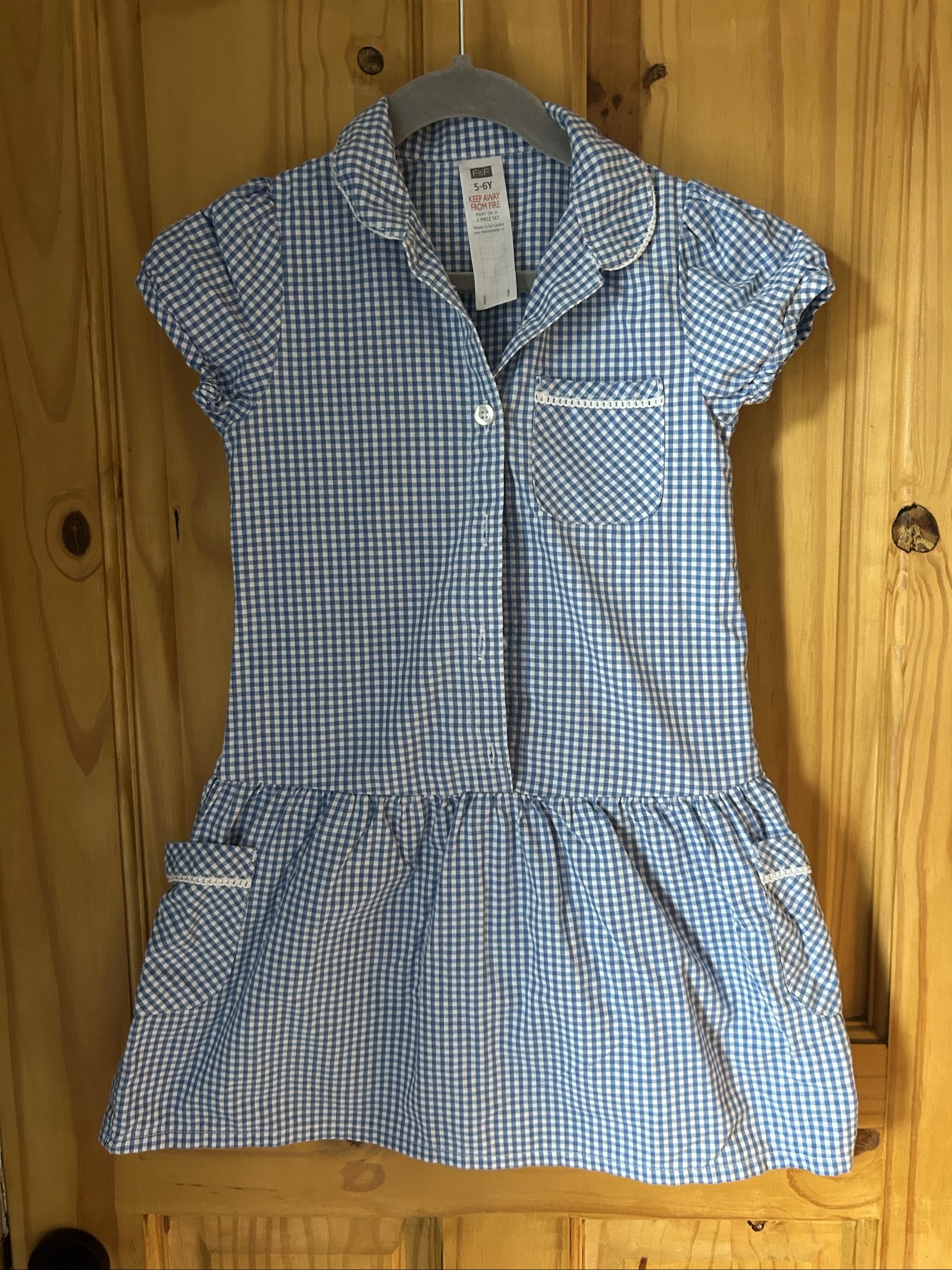 F&F Girls Blue & White Gingham Dress 5-6Y Cotton