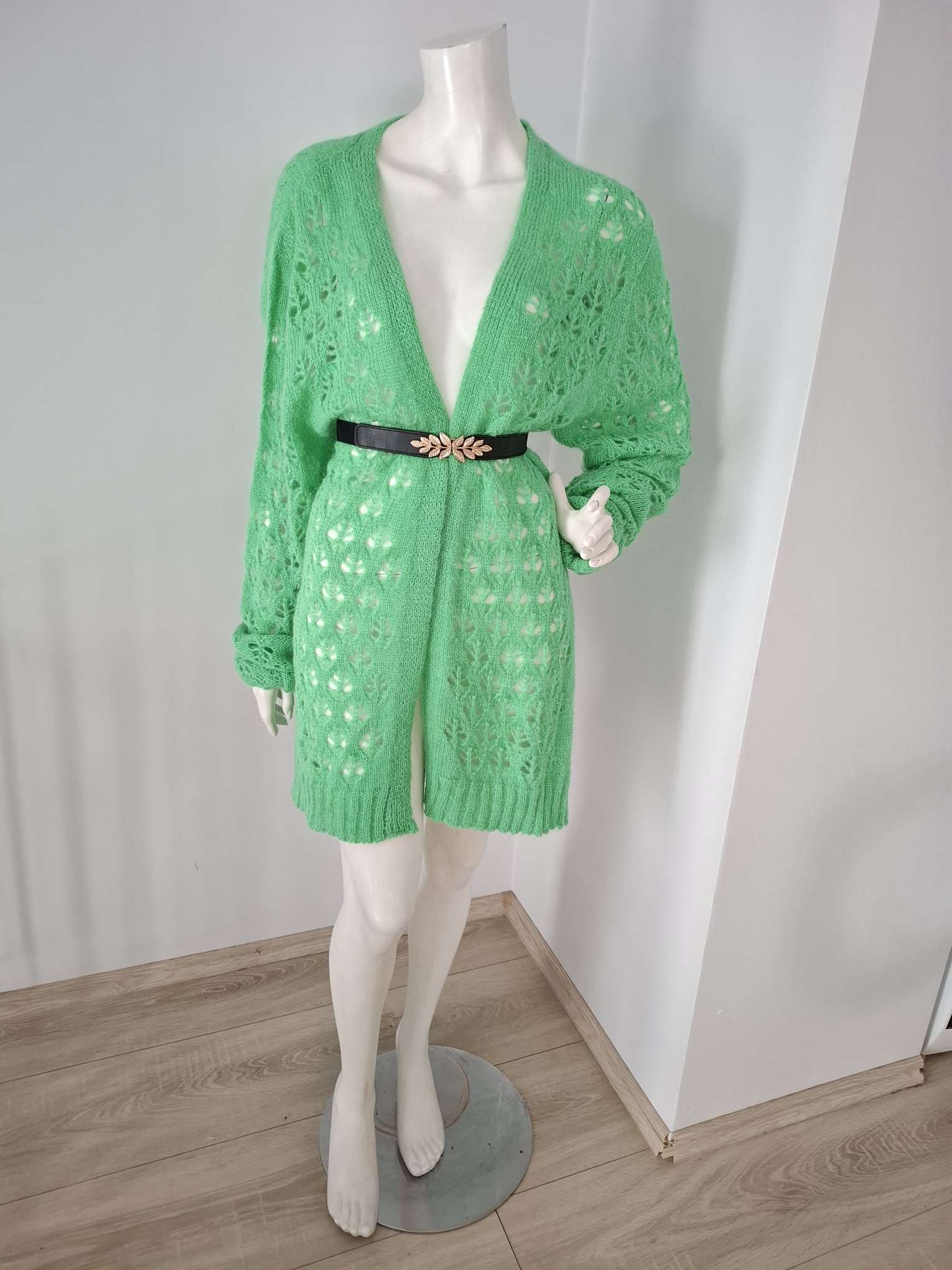 Pink Memories Green Openwork Knit Cardigan Size 3XL image 2
