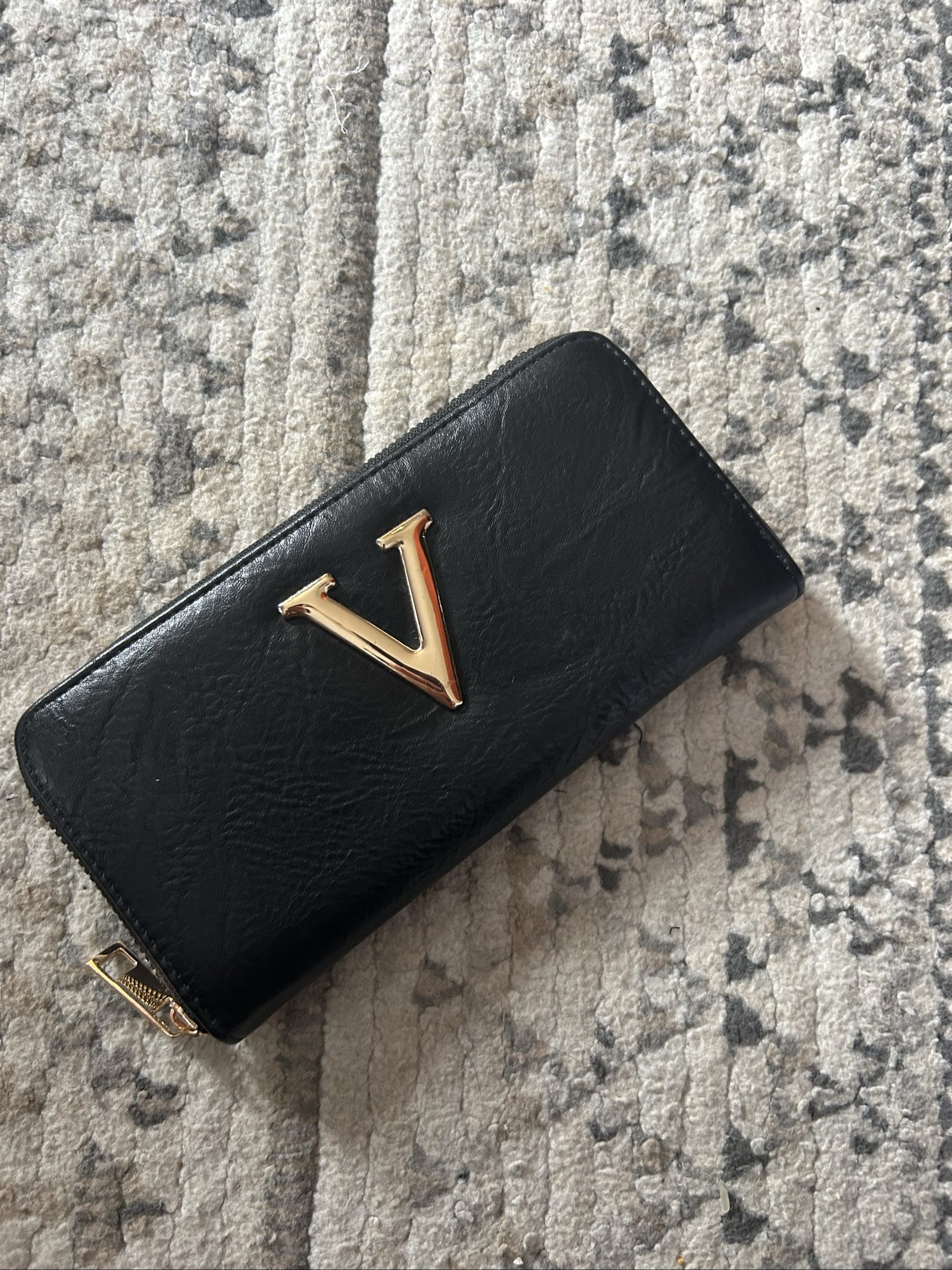 V Black Zip-Around Wallet Gold Hardware