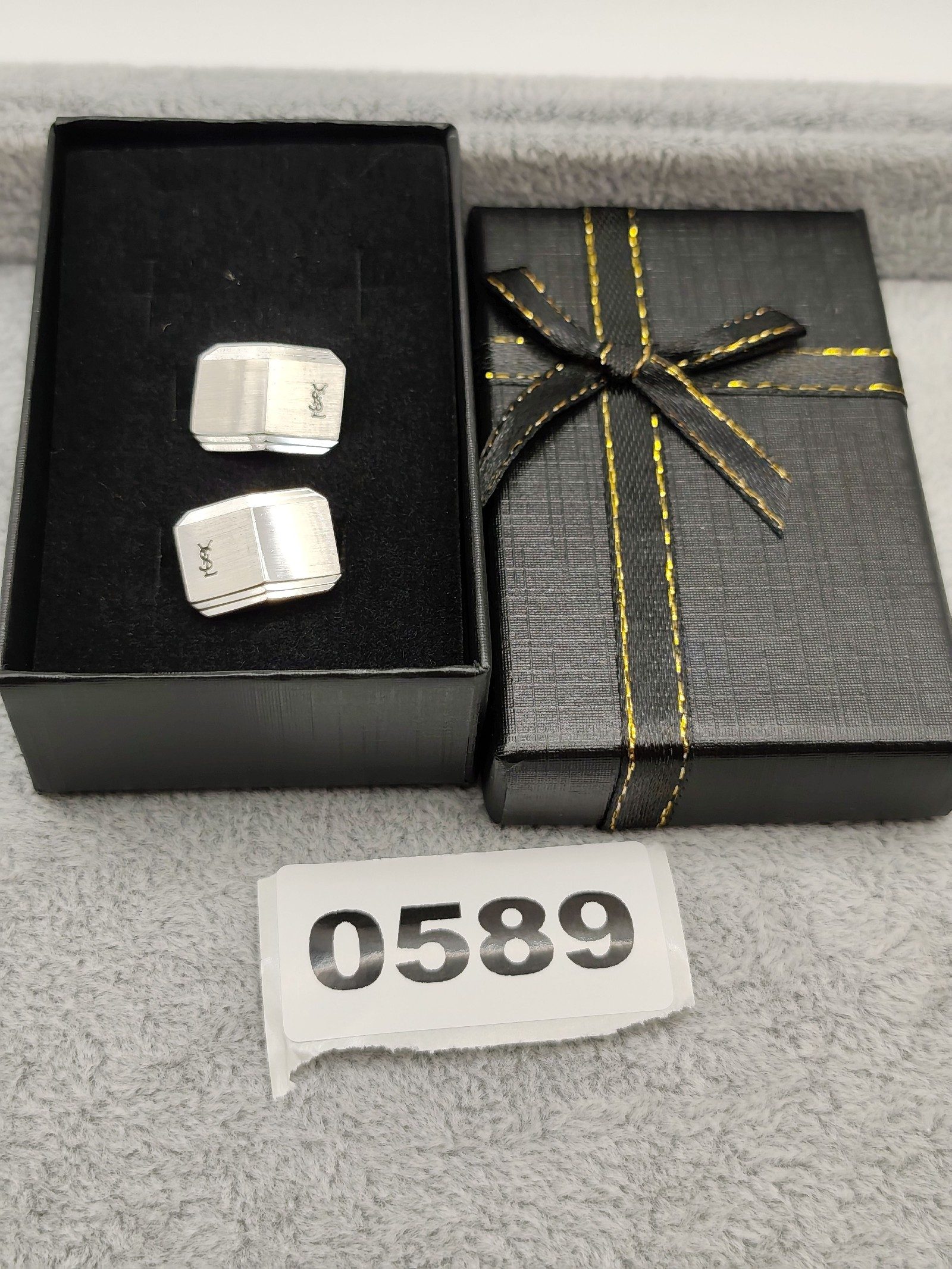 YSL Silver Tone Logo Cufflinks Men's Luxury Accessory