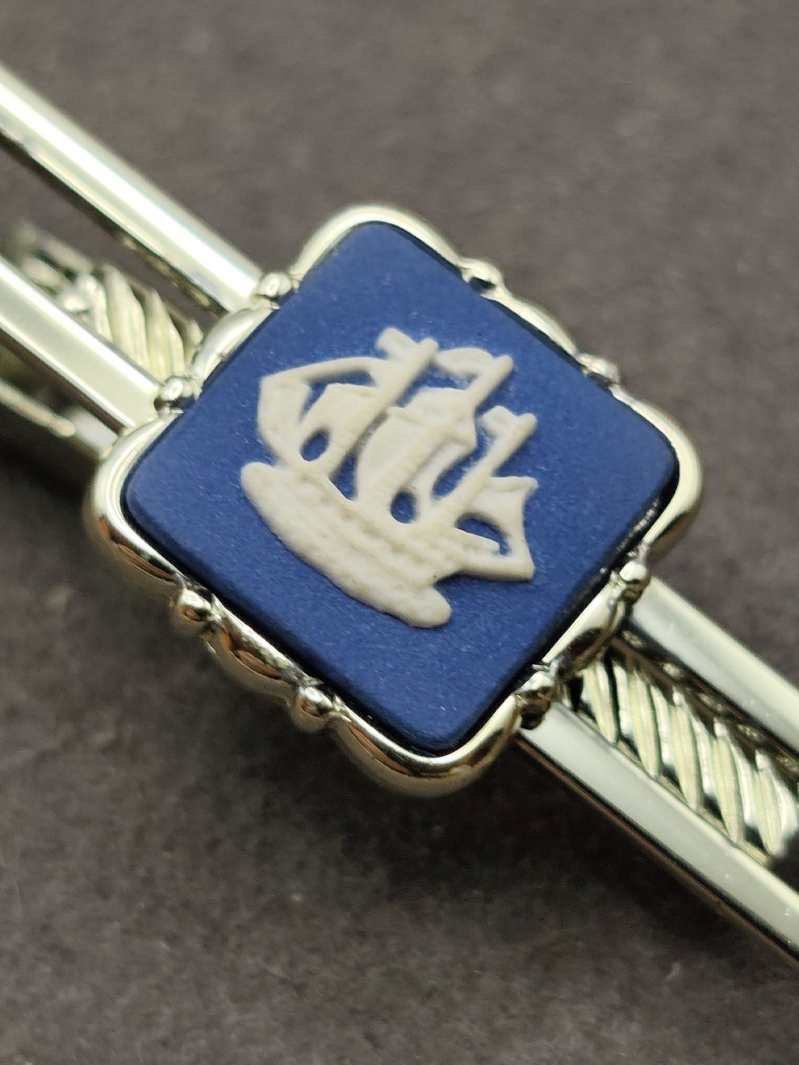 Wedgwood Silver Tone Blue Jasperware Ship Tie Clip image 5