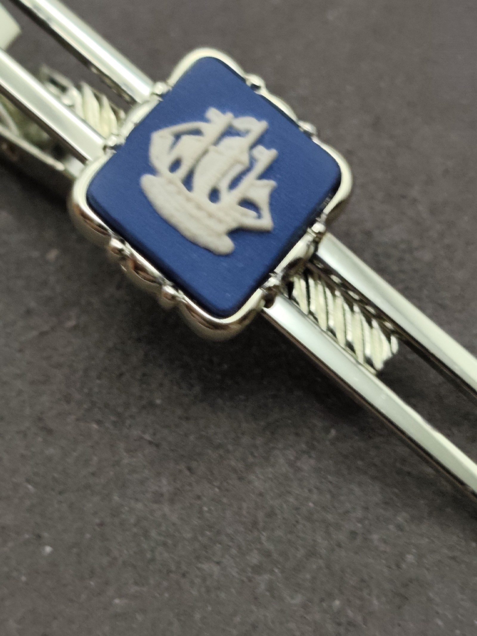 Wedgwood Silver Tone Blue Jasperware Ship Tie Clip image 6