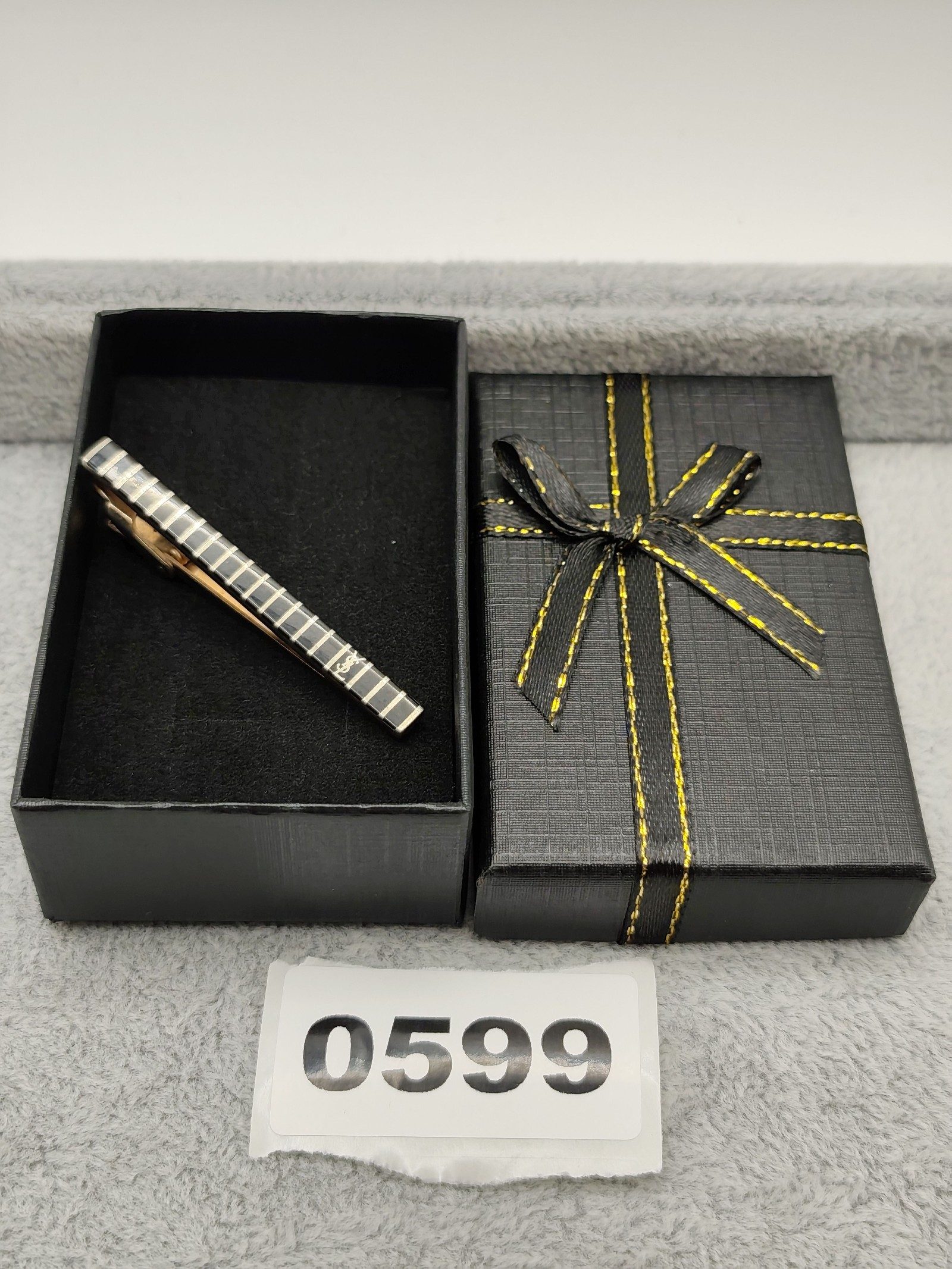 Yves Saint Laurent Black & Silver Logo Tie Clip