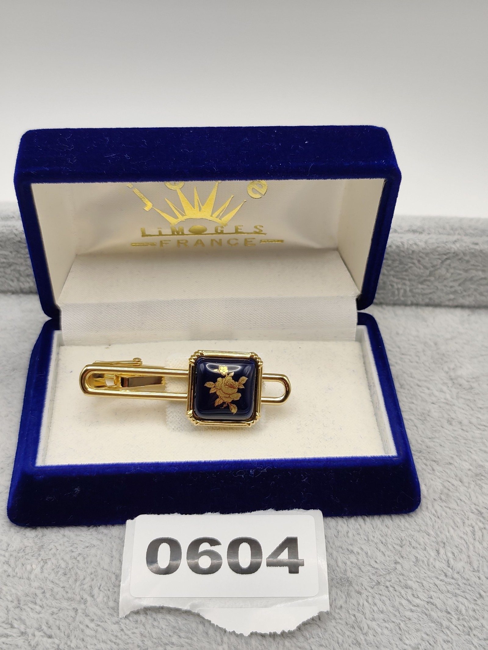 Limoges France Gold Tone Blue Rose Tie Clip