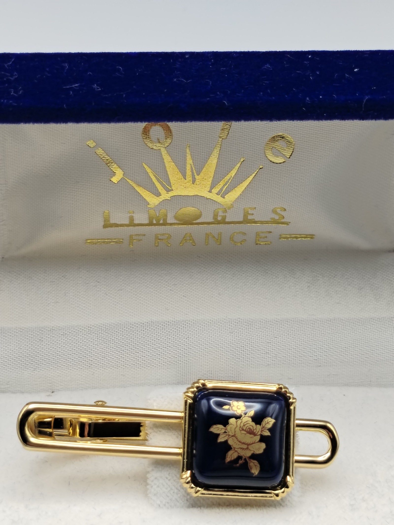Limoges France Gold Tone Blue Rose Tie Clip image 2