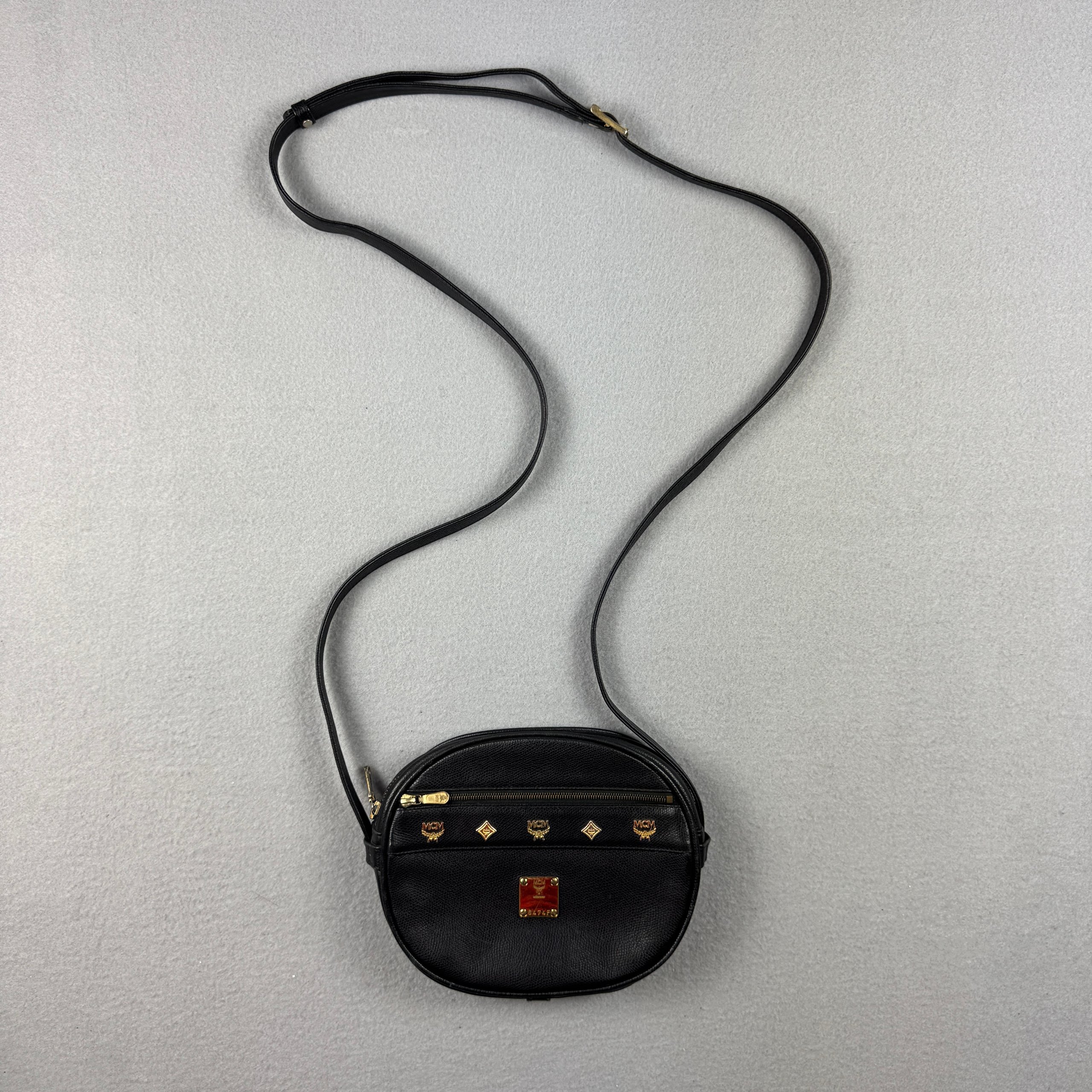 Authentic MCM München 6474F Black Leather Crossbody Mini Bag One Size