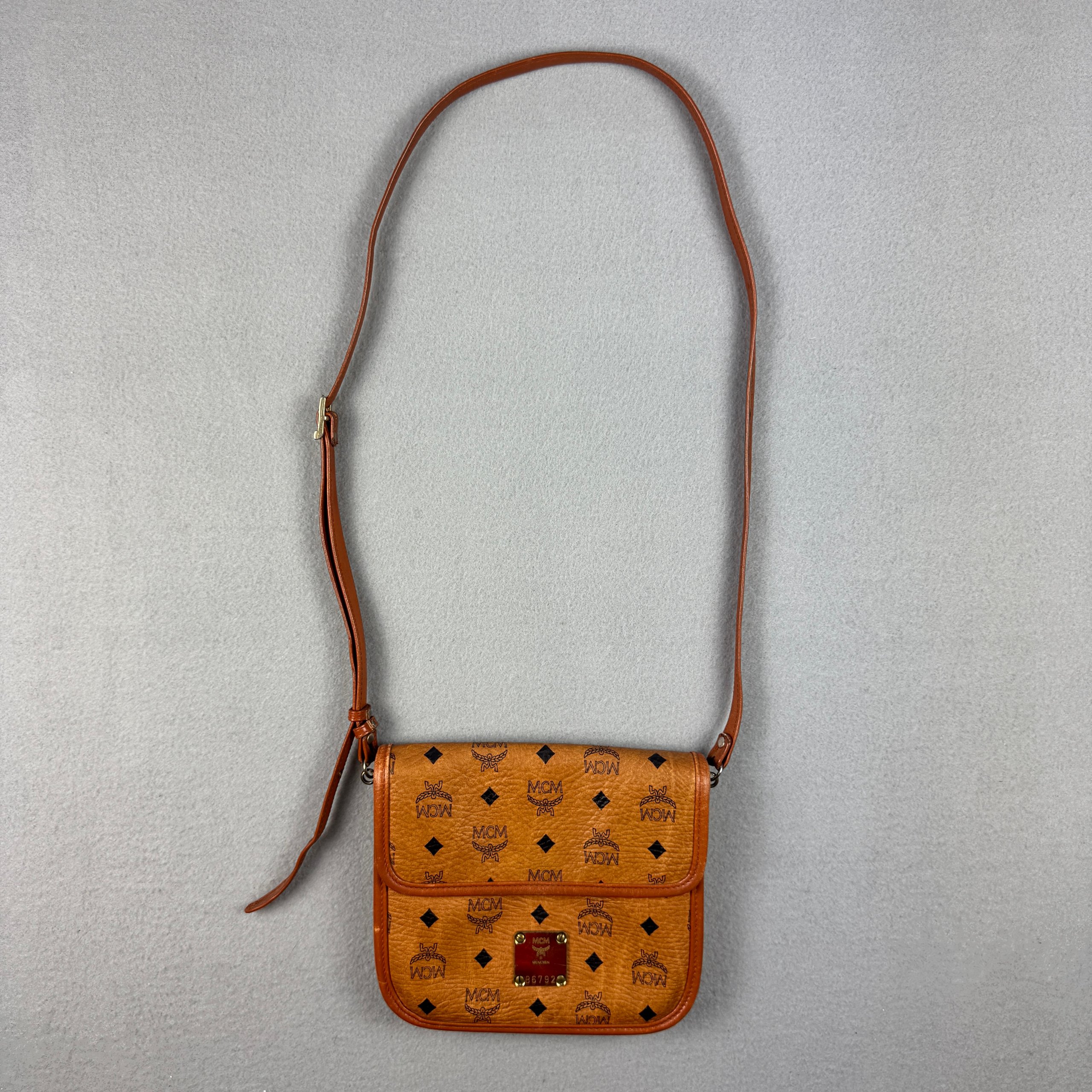MCM München B6792 Brown Monogram Logo Crossbody Leather Bag One Size Vintage