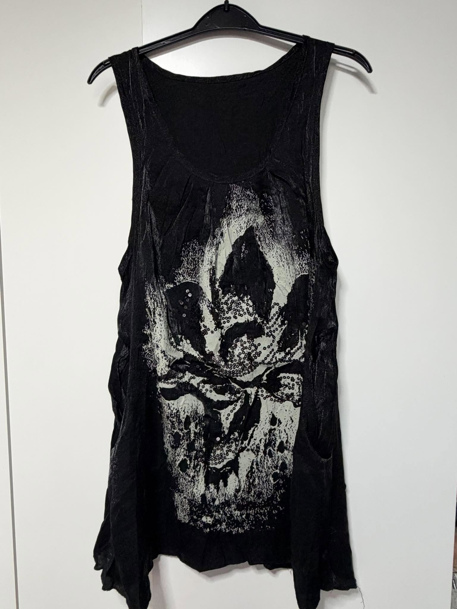 Black Gothic Floral Sequin Longline Vest Top Alternative Grunge Tunic Size M