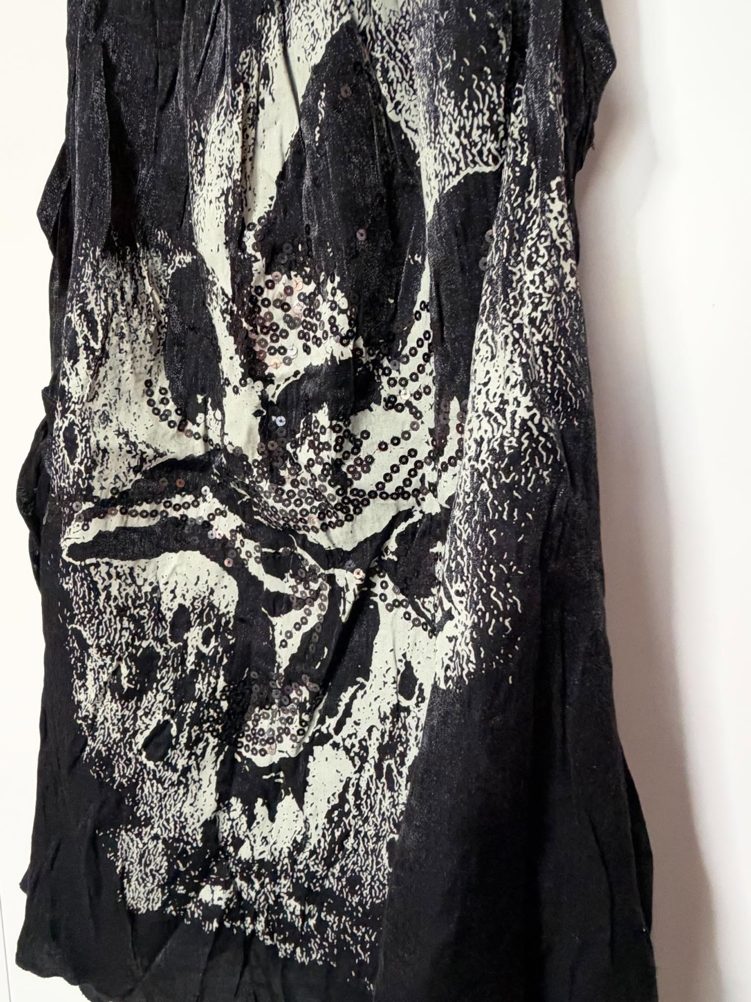 Black Gothic Floral Sequin Longline Vest Top Alternative Grunge Tunic Size M image 2
