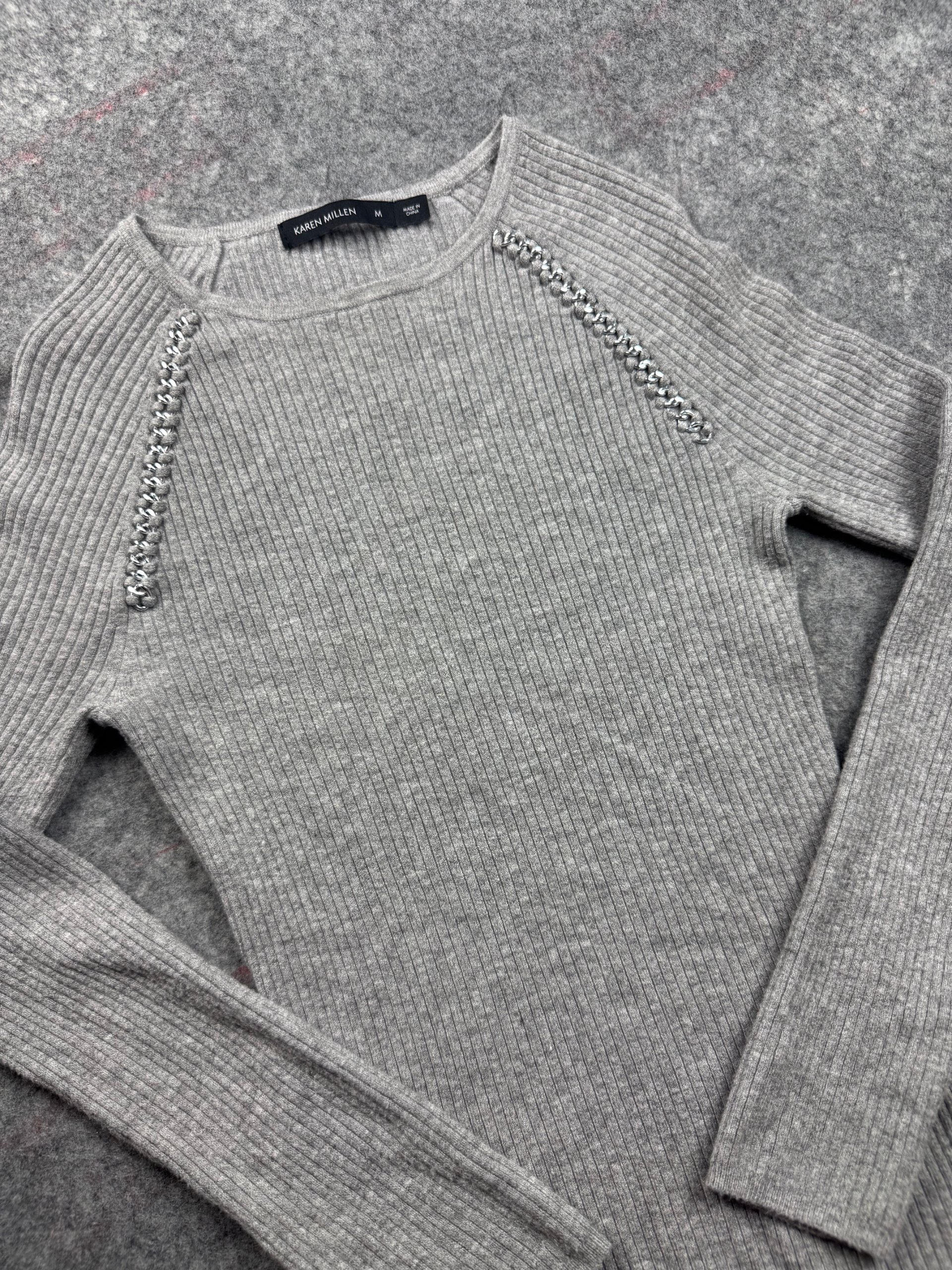 Karen Millen Grey Ribbed Chain Detail Knit Jumper Womens Medium