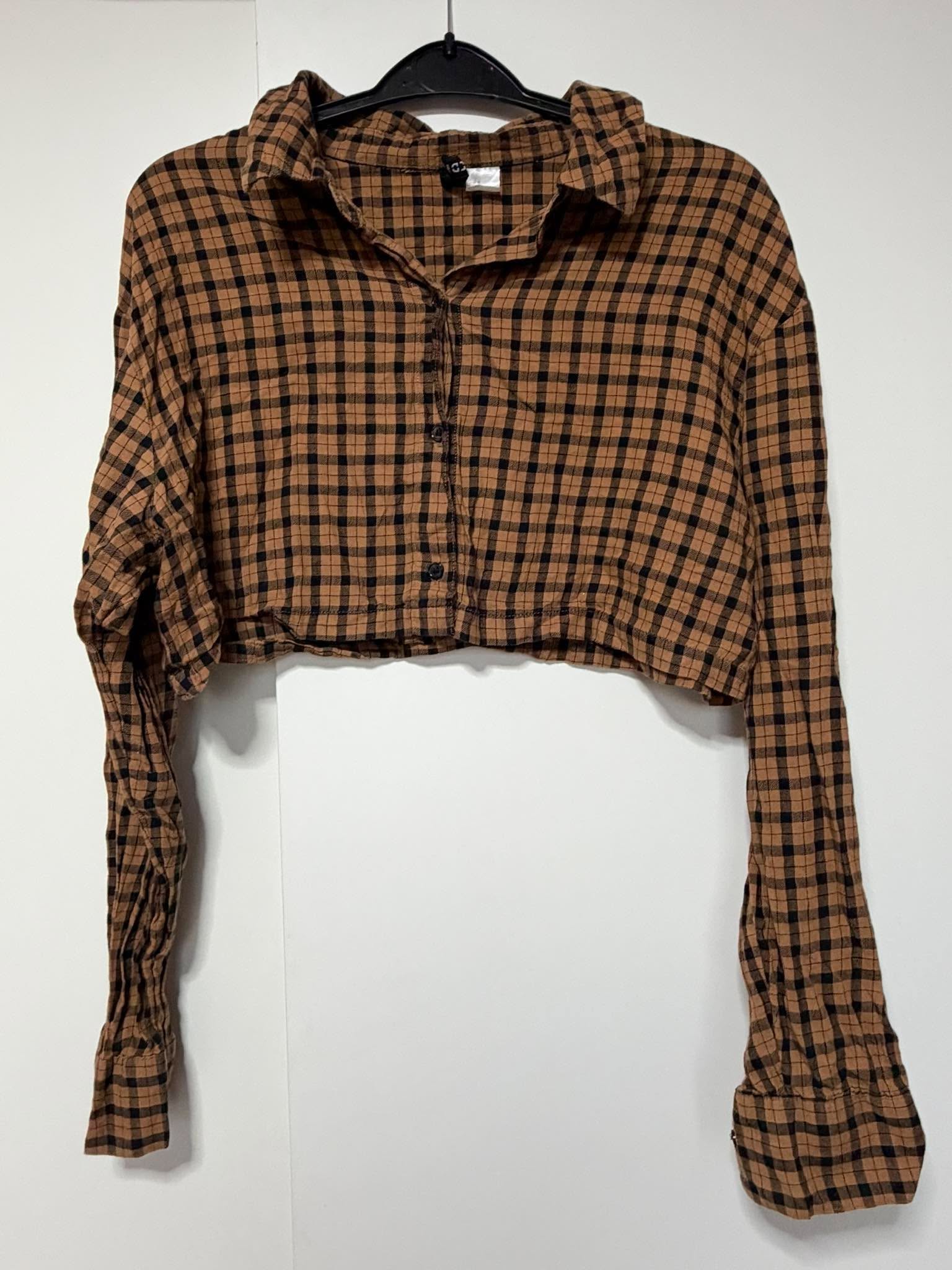 H&M Brown Black Check Cropped Shirt Size Small Long Sleeve Grunge Y2K