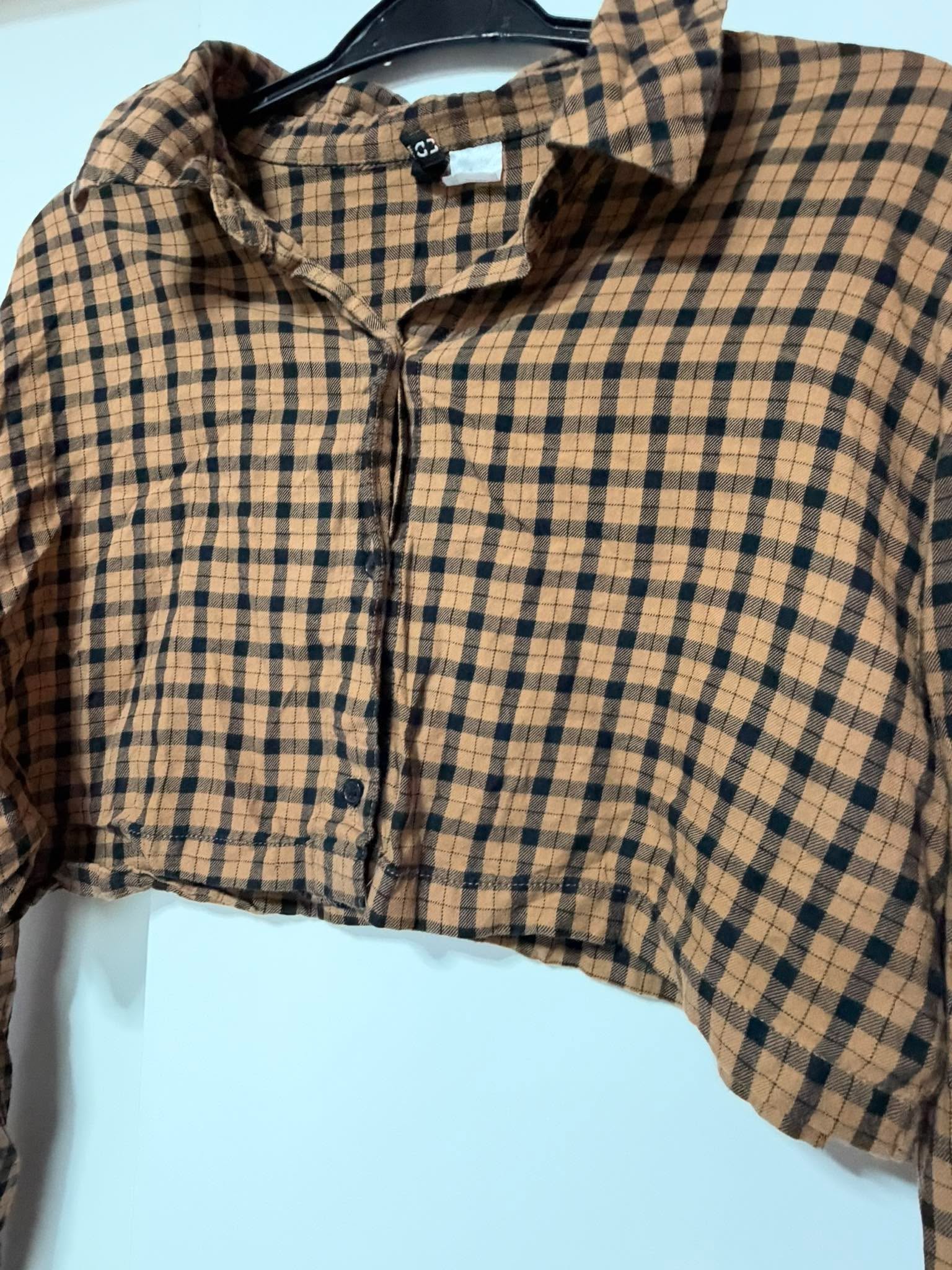 H&M Brown Black Check Cropped Shirt Size Small Long Sleeve Grunge Y2K image 2