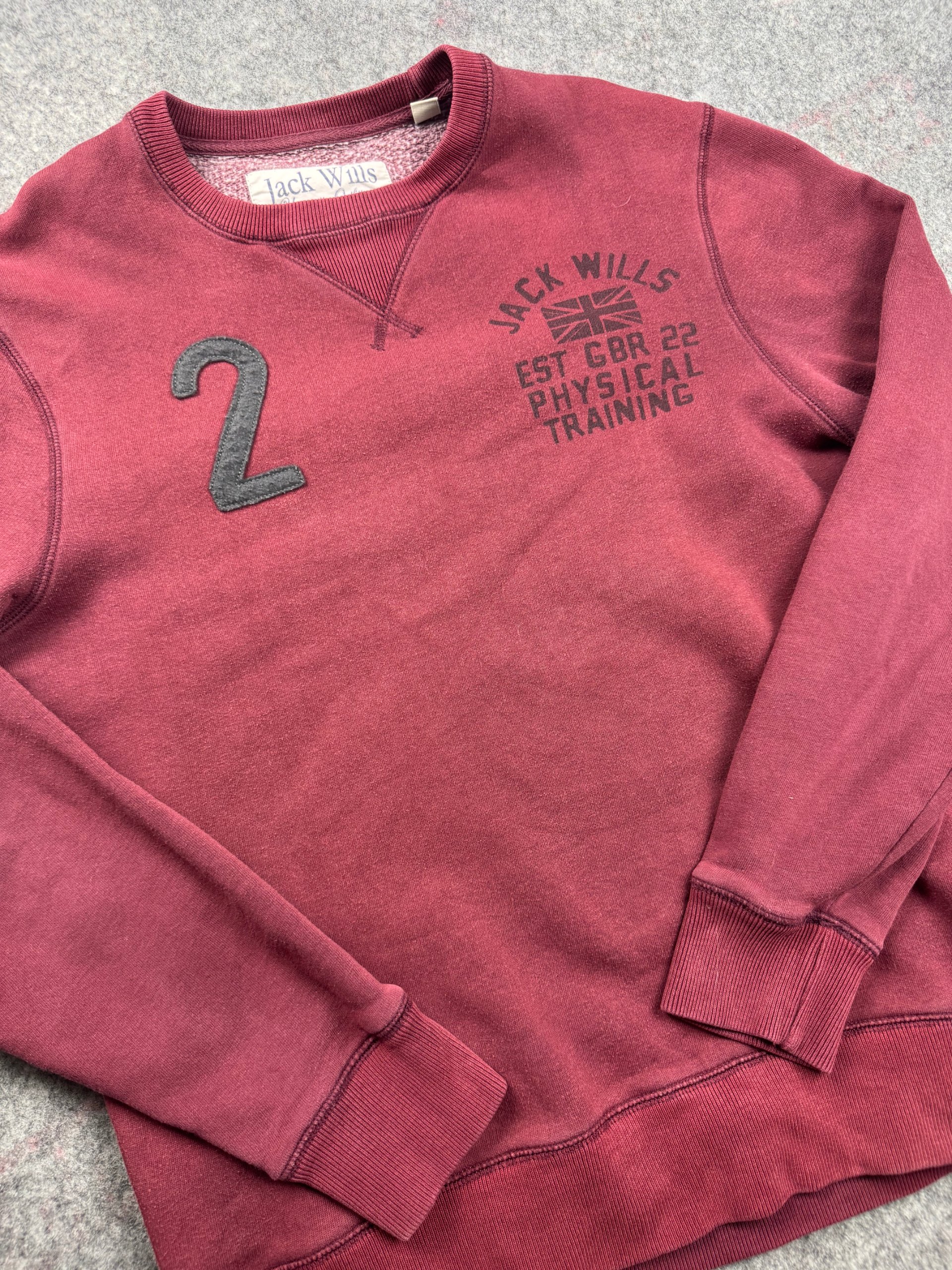 Jack Wills Burgundy Crew Sweatshirt Men’s Medium Number 2 Appliqué