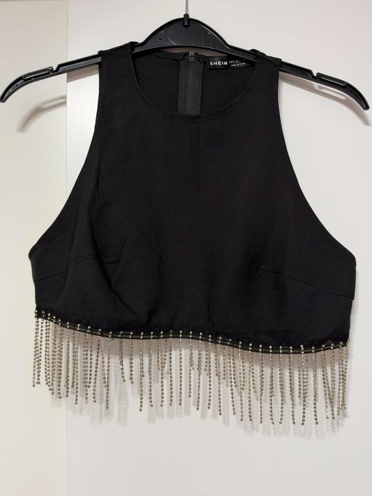 SHEIN Black Rhinestone Fringe Crop Top Size Small Diamante Party Festival