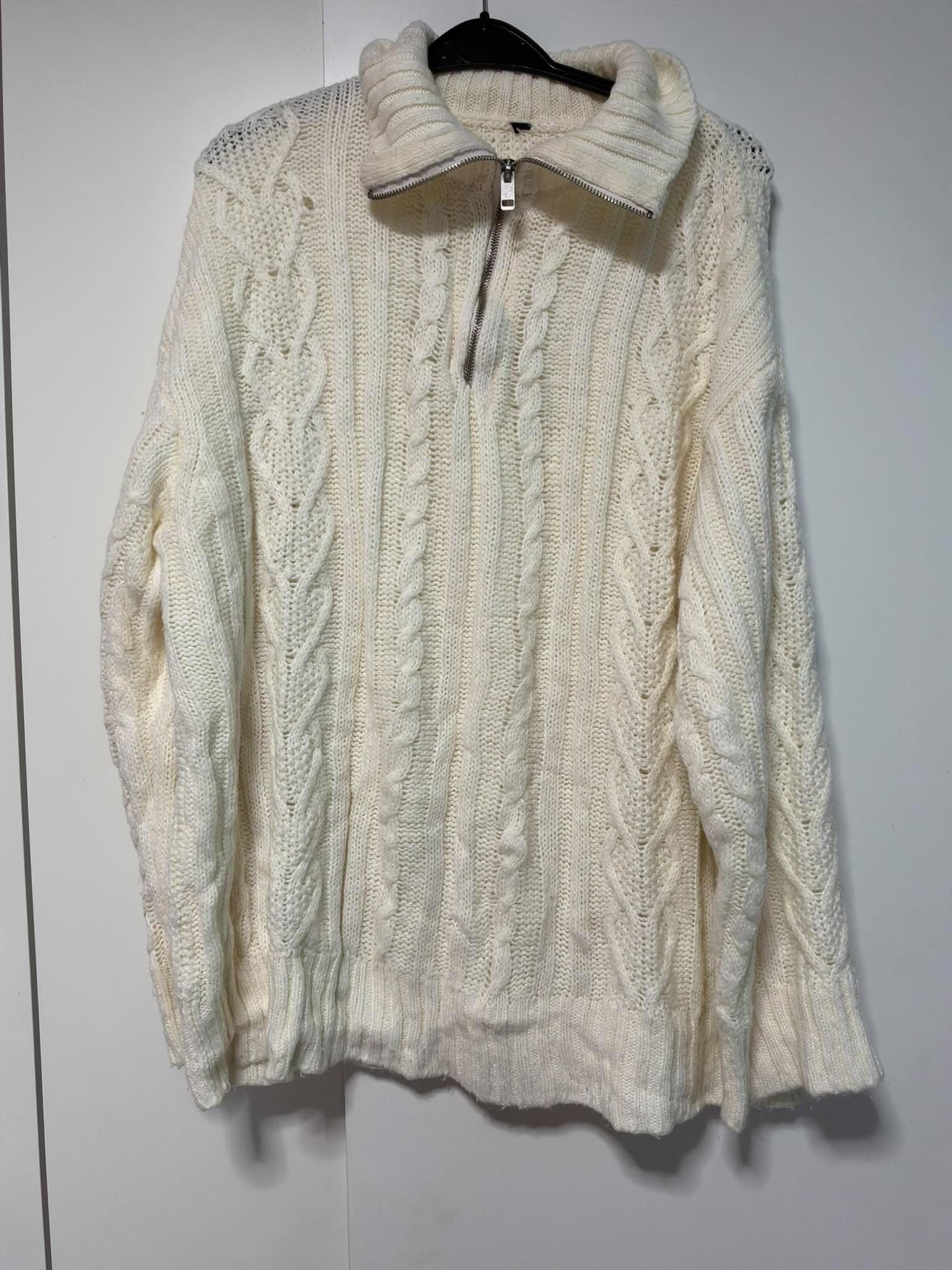 Cream Cable Knit Quarter Zip Jumper Size Large Chunky Oversized Winter Sweater
