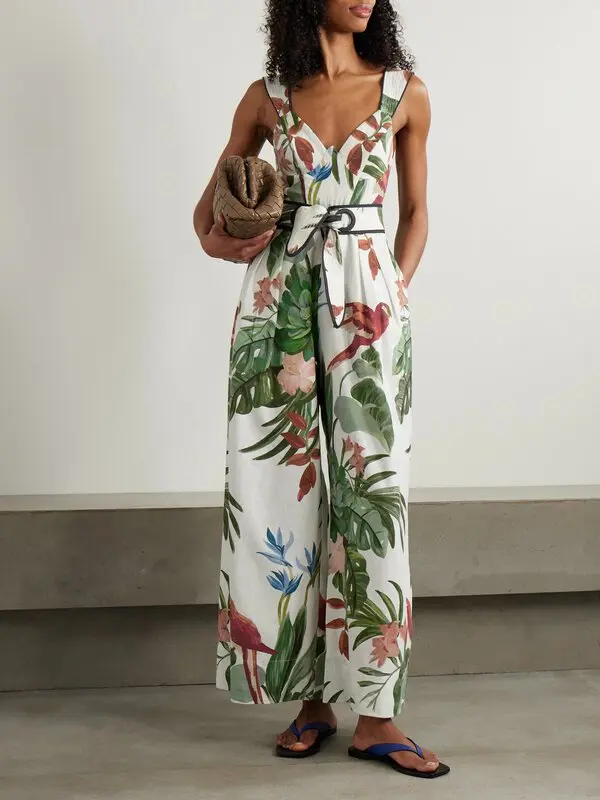 New FARM Rio Tropical Print Linen Blend Jumpsuit Size M image 2