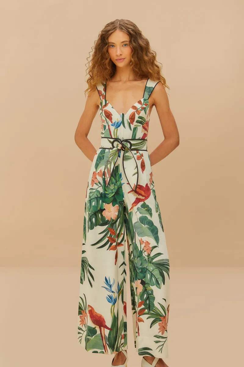 New FARM Rio Tropical Print Linen Blend Jumpsuit Size M image 7