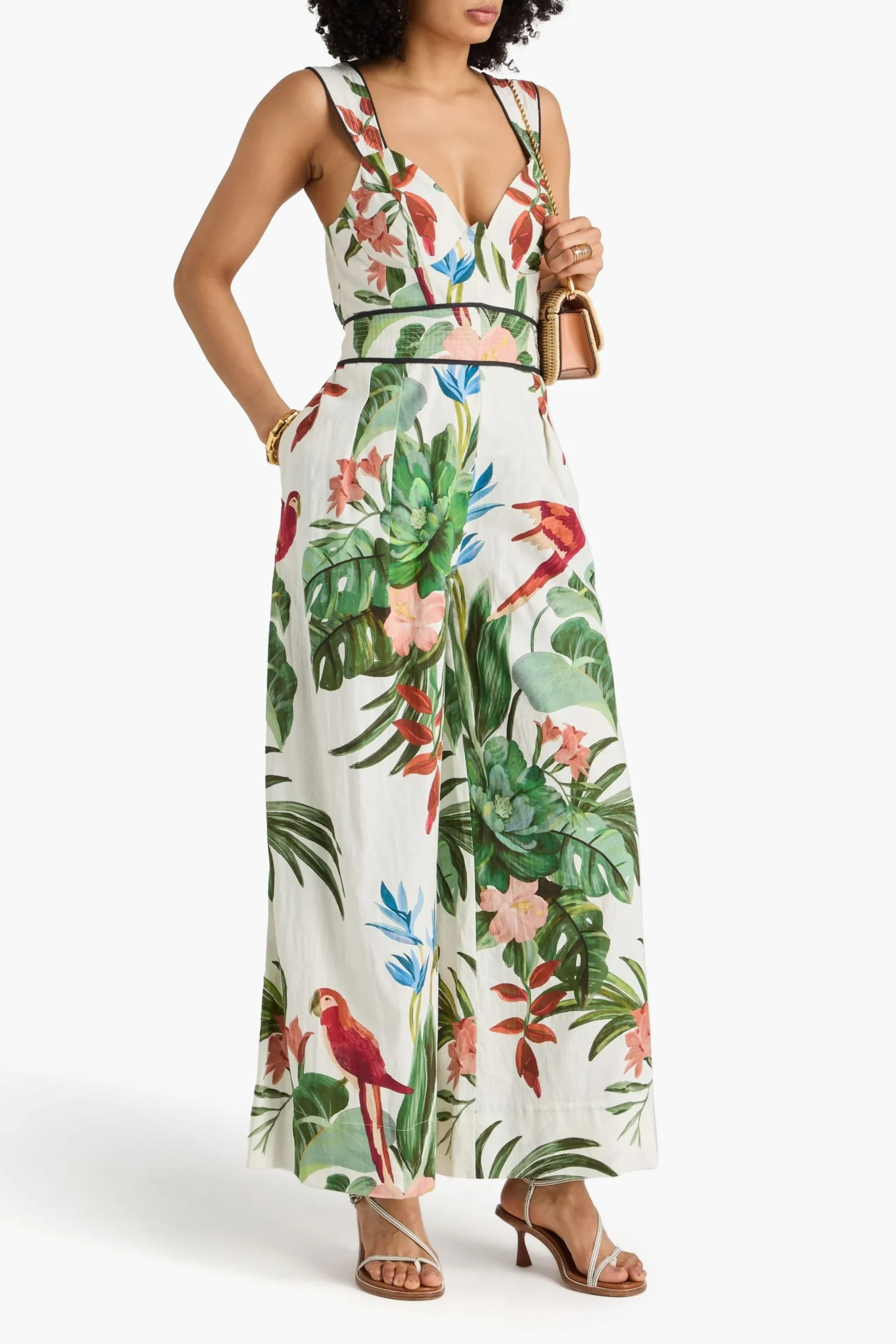 New FARM Rio Tropical Print Linen Blend Jumpsuit Size M image 5