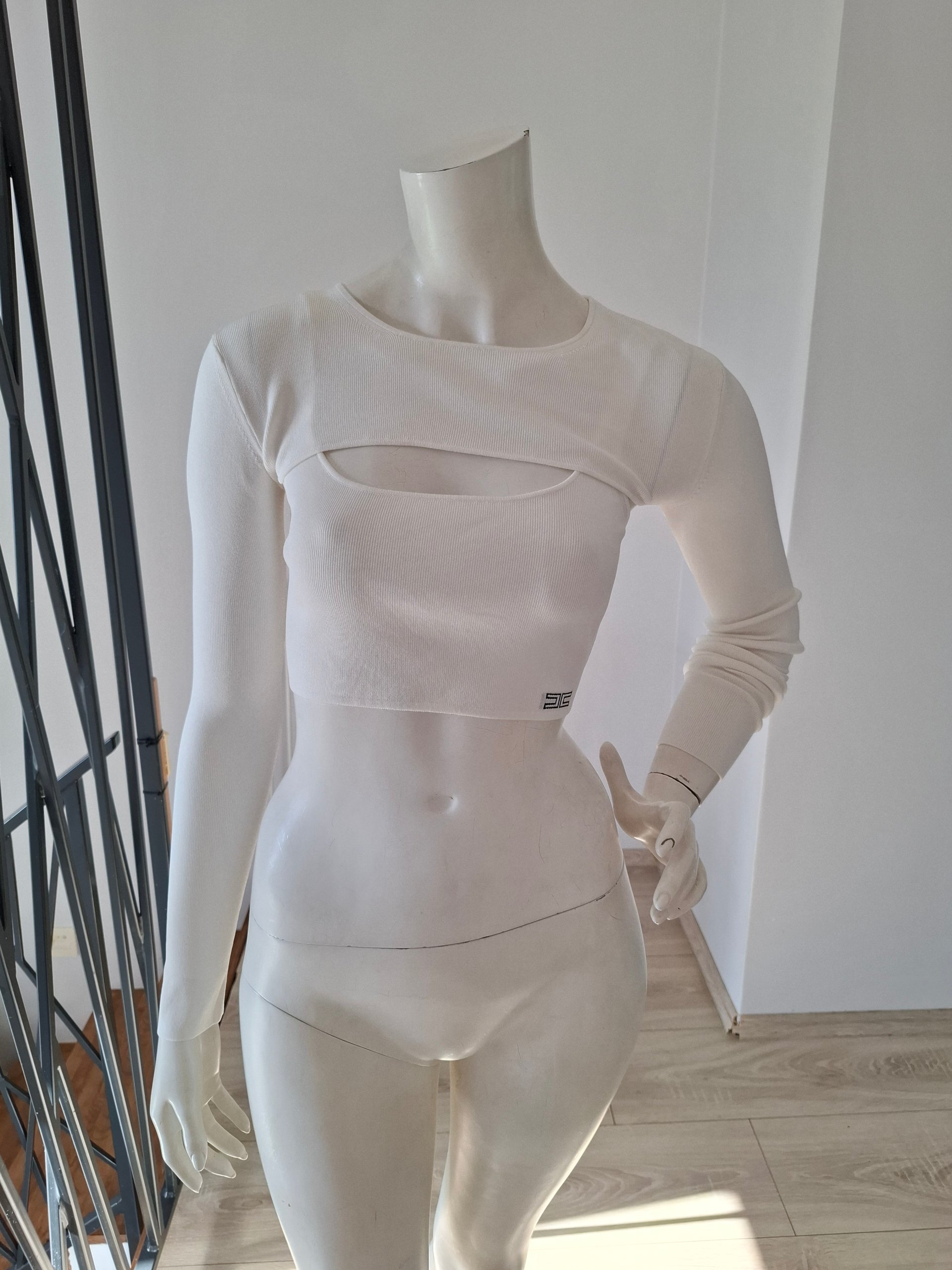New Elisabetta Franchi White Ribbed Cut-Out Sweater Set / Top Size S