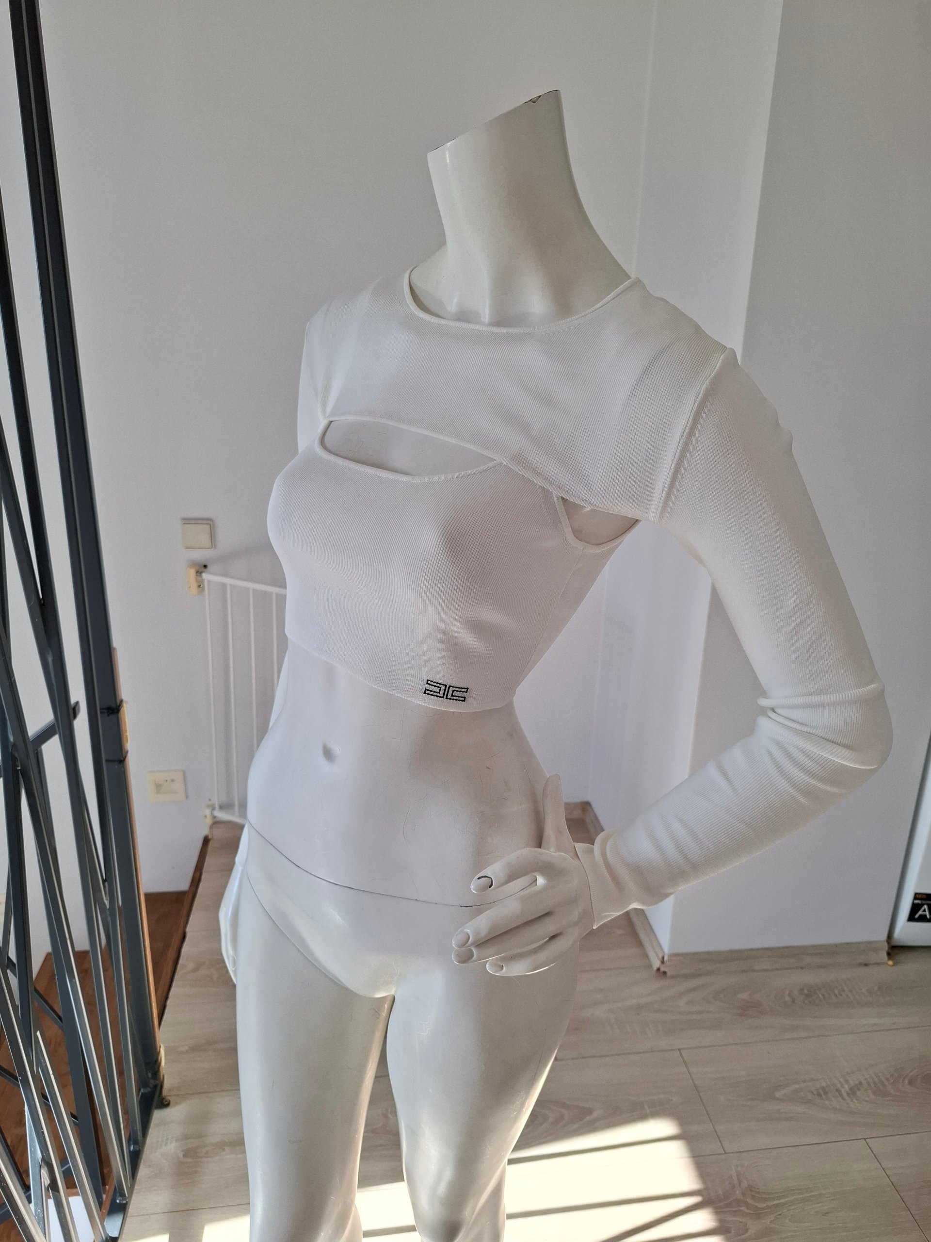 New Elisabetta Franchi White Ribbed Cut-Out Sweater Set / Top Size S image 7