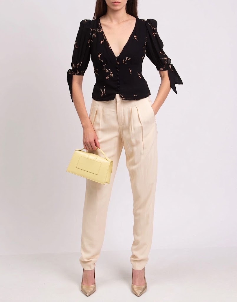New Reformation Black Floral Print Button-Front Blouse Size L image 3