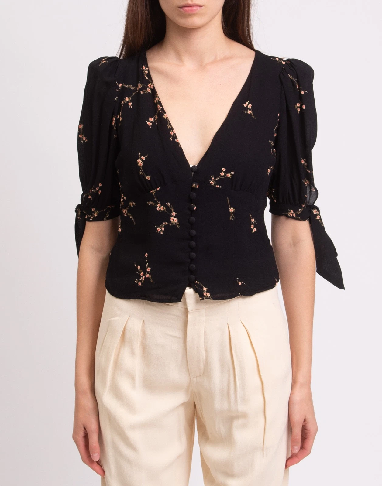 New Reformation Black Floral Print Button-Front Blouse Size L image 5