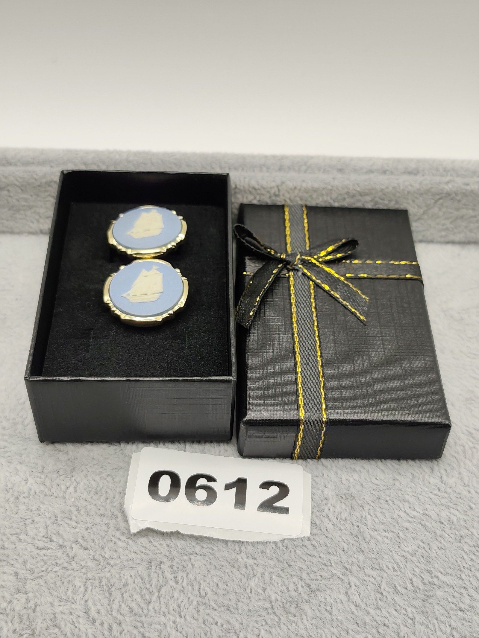 Vintage Blue & White Ship Wedgwood Cufflinks in Gold Tone