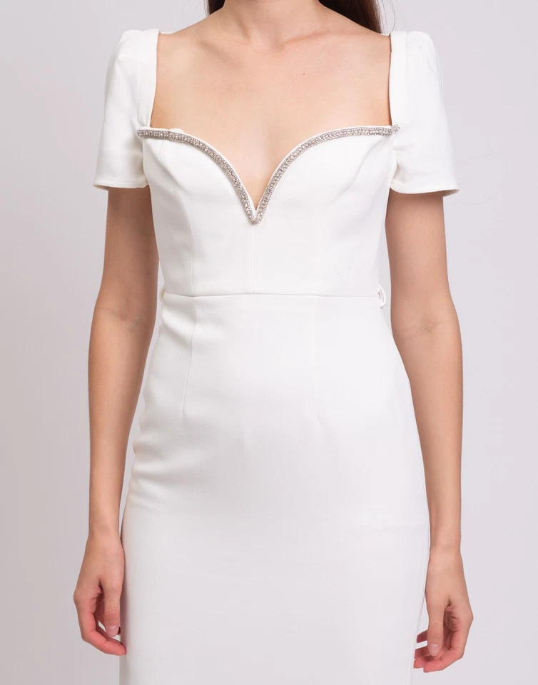 New Self-Portrait White Crystal-Embellished Sweetheart Midi Dress S image 5