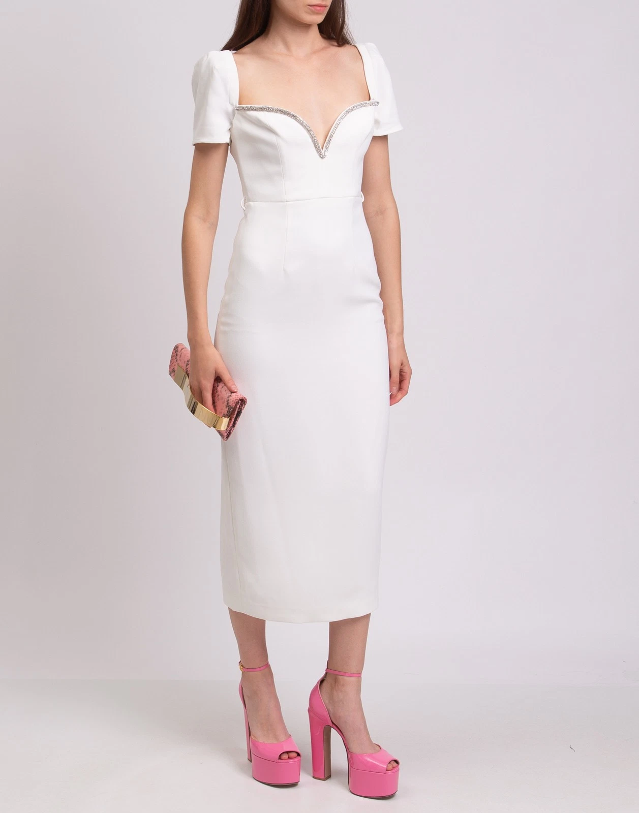 New Self-Portrait White Crystal-Embellished Sweetheart Midi Dress S image 3