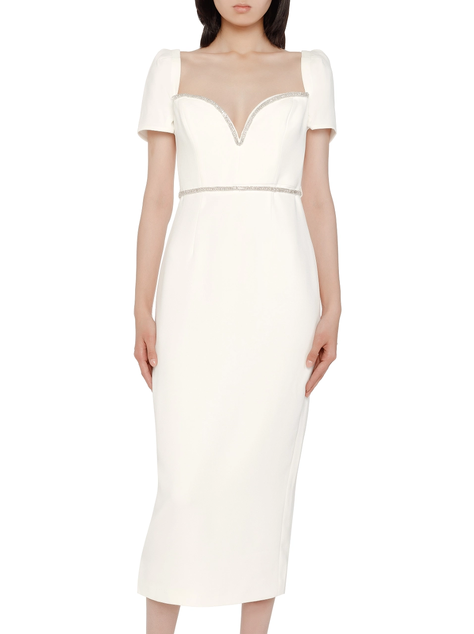New Self-Portrait White Crystal-Embellished Sweetheart Midi Dress S image 6