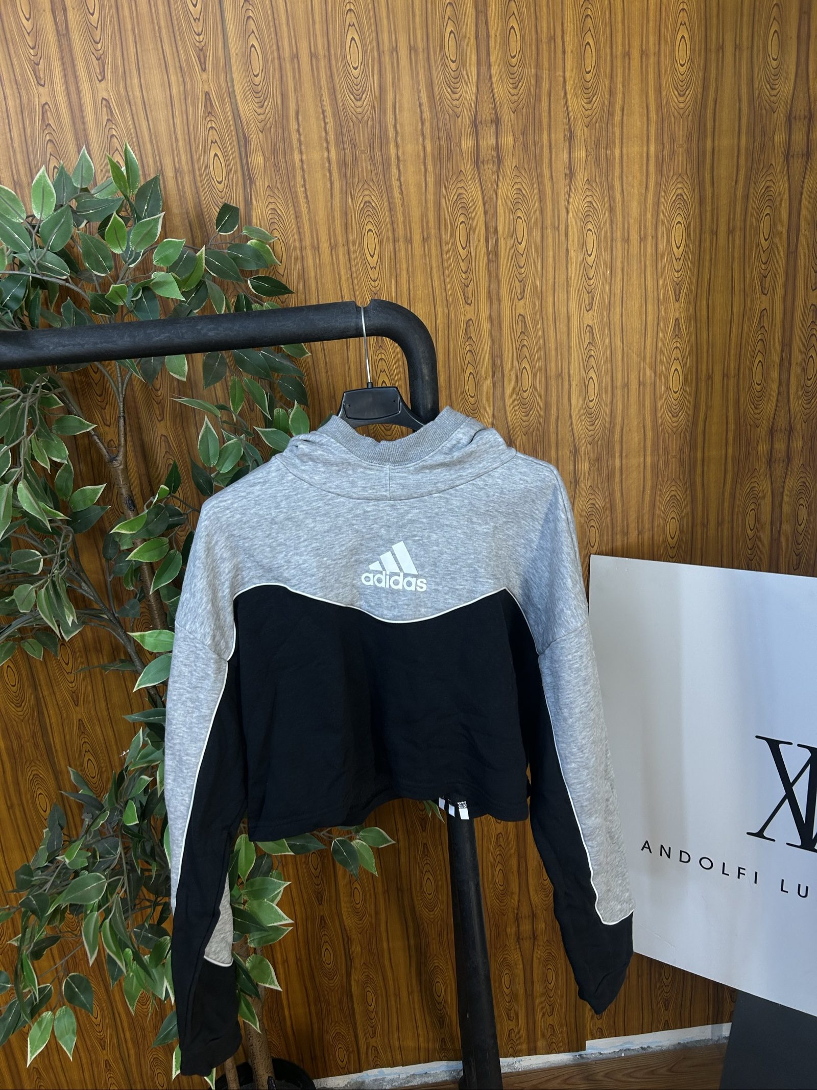 Adidas Grey & Black Cropped Hoodie Large Fleece Lined
