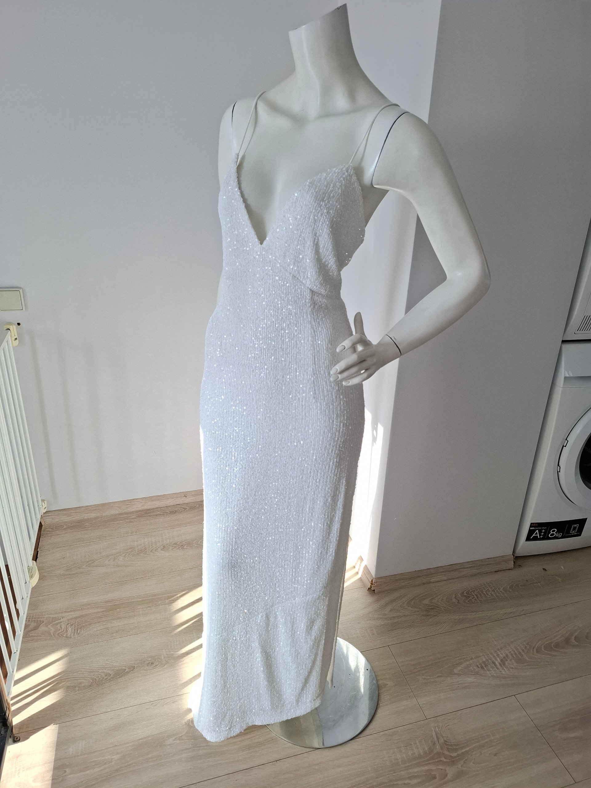 New Retrofête White Sequin Asymmetric Cami Maxi Dress Size M image 5
