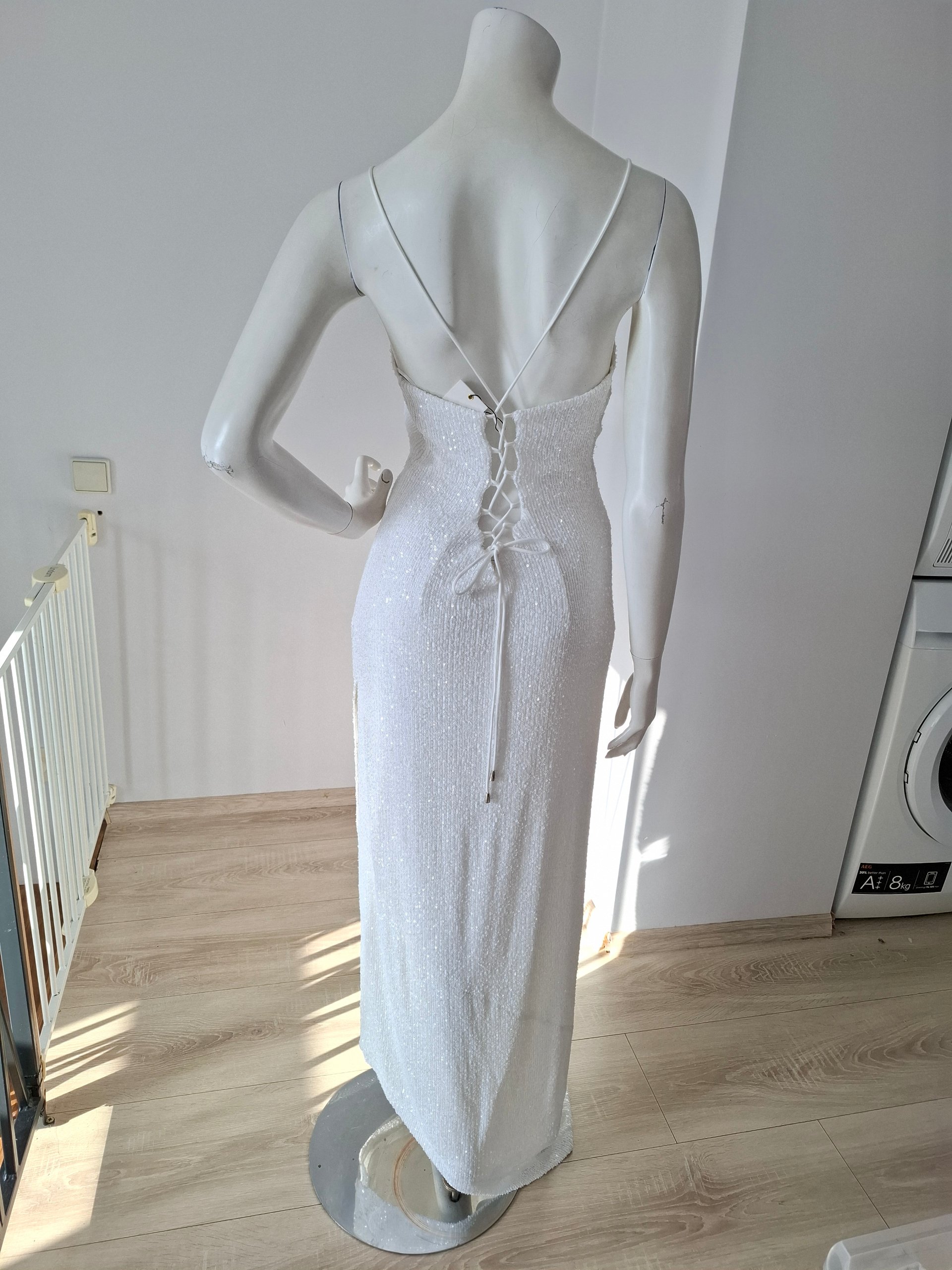 New Retrofête White Sequin Asymmetric Cami Maxi Dress Size M image 8