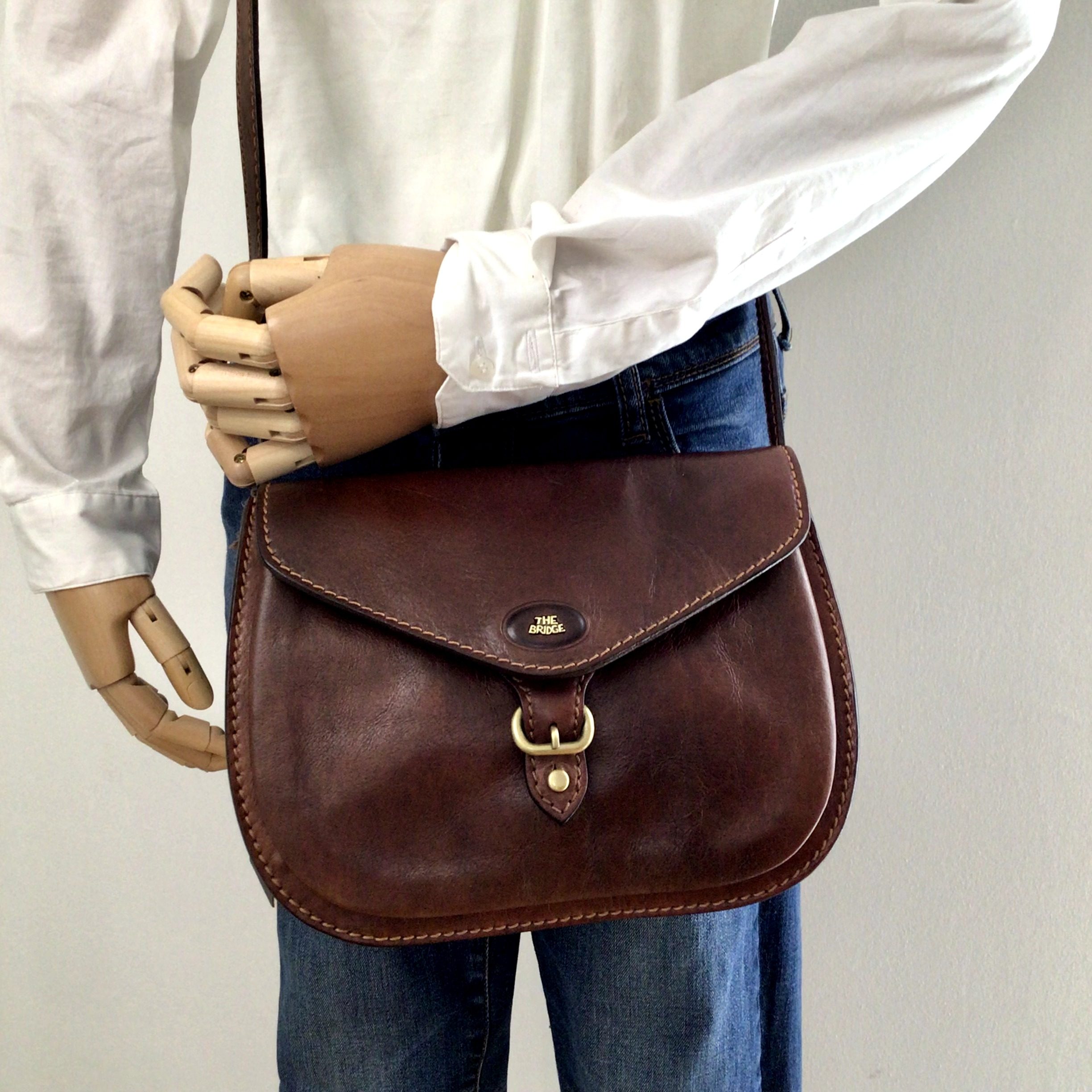 The Bridge Borsa a tracolla Vintage 1990 NUOVA pelle Marrone Made in Italy